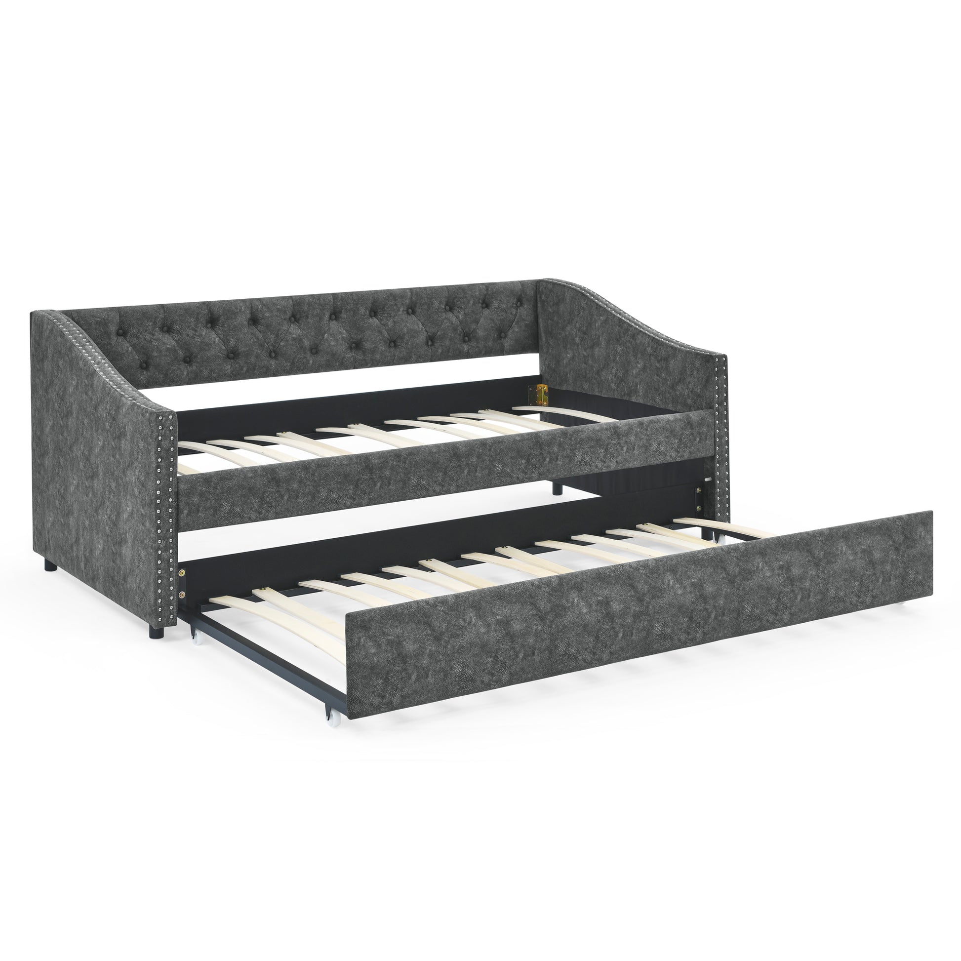 Twin Size Daybed With Twin Size Trundle Upholstered Tufted Sofa Bed, With Button On Back And Copper Nail On Waved Shape Arms, Grey 80.5"X41"X30.5" Grey Polyester