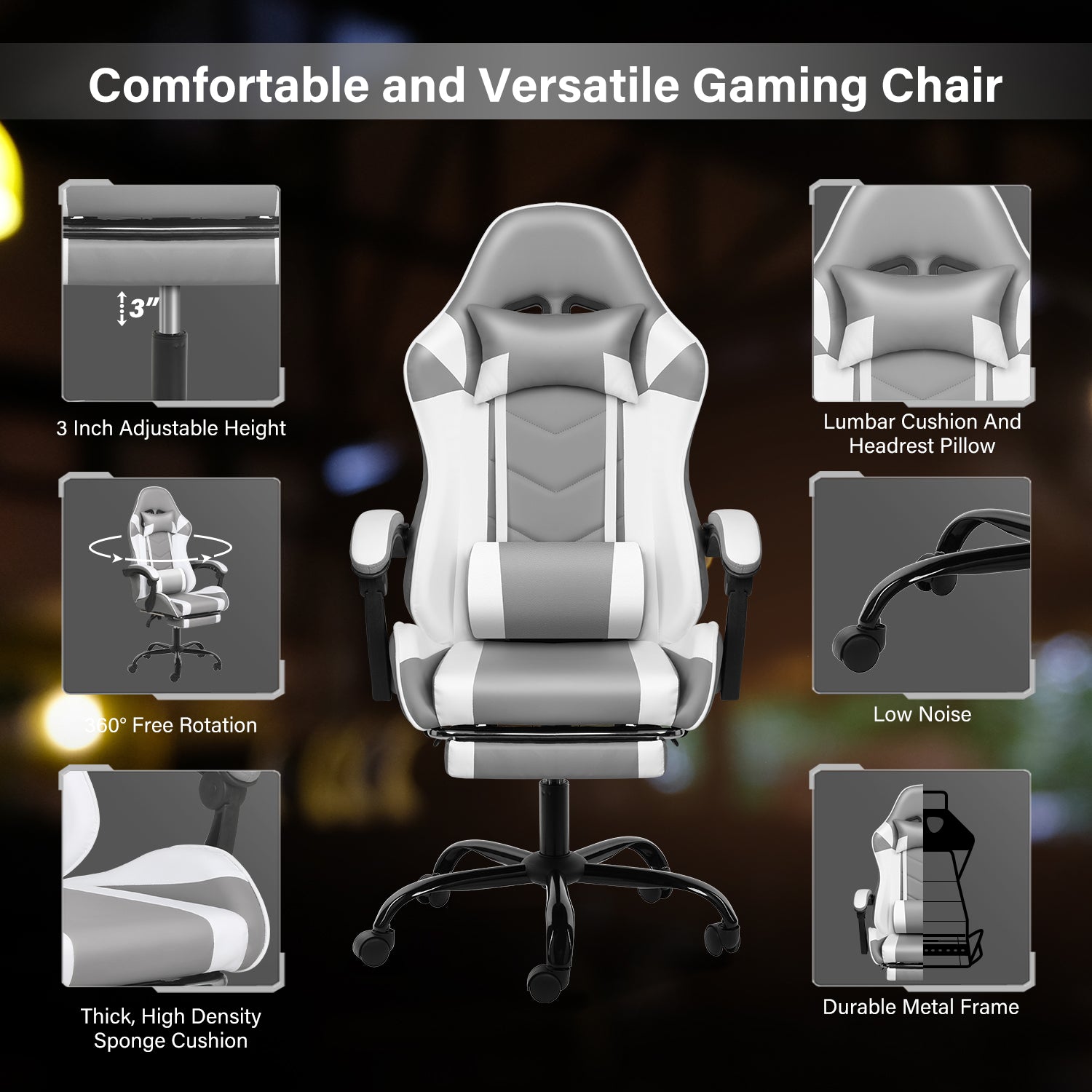 Yssoa Racing Video Backrest And Seat Height Recliner Gaming Office High Back Computer Ergonomic Adjustable Swivel Chair, With Footrest, Grey White Gray Leather