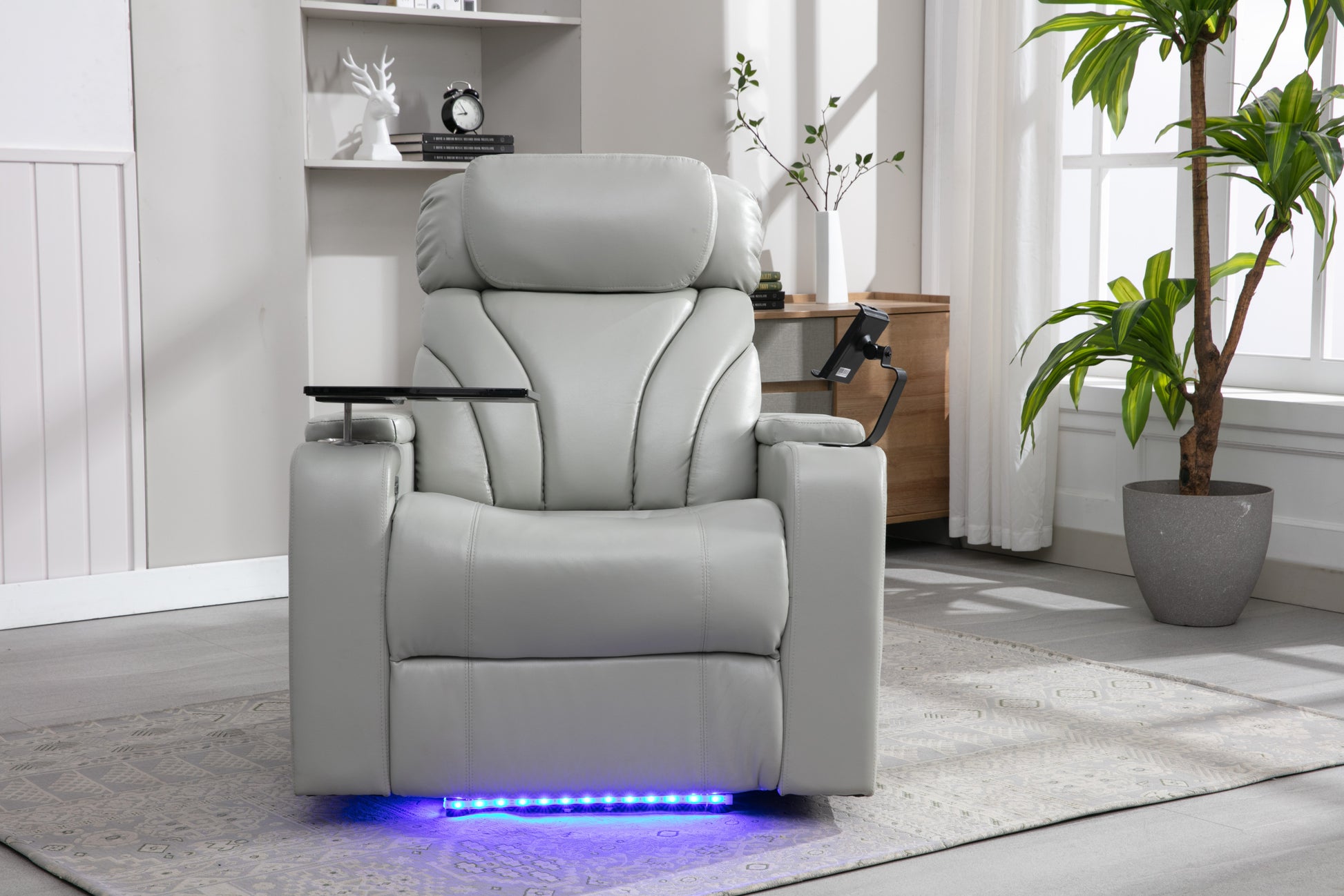 Power Motion Recliner With Usb Charging Port And Hidden Arm Storage, Home Theater Seating With Convenient Cup Holder Design ,And Stereo Light Grey Light Grey Foam Pu