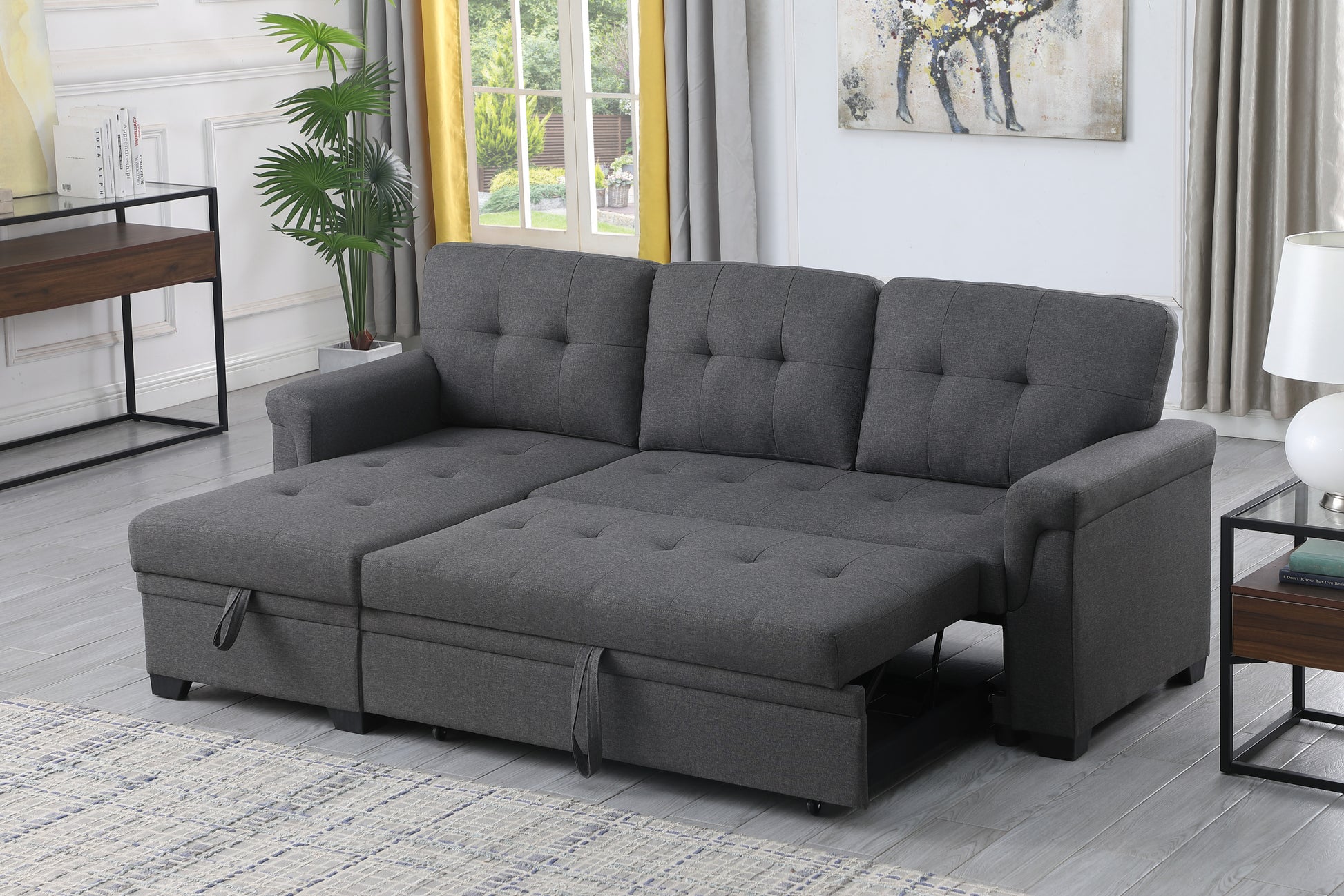 Lucca 84" Dark Gray Linen Reversible Sleeper Sectional Sofa With Storage Chaise Dark Gray Linen