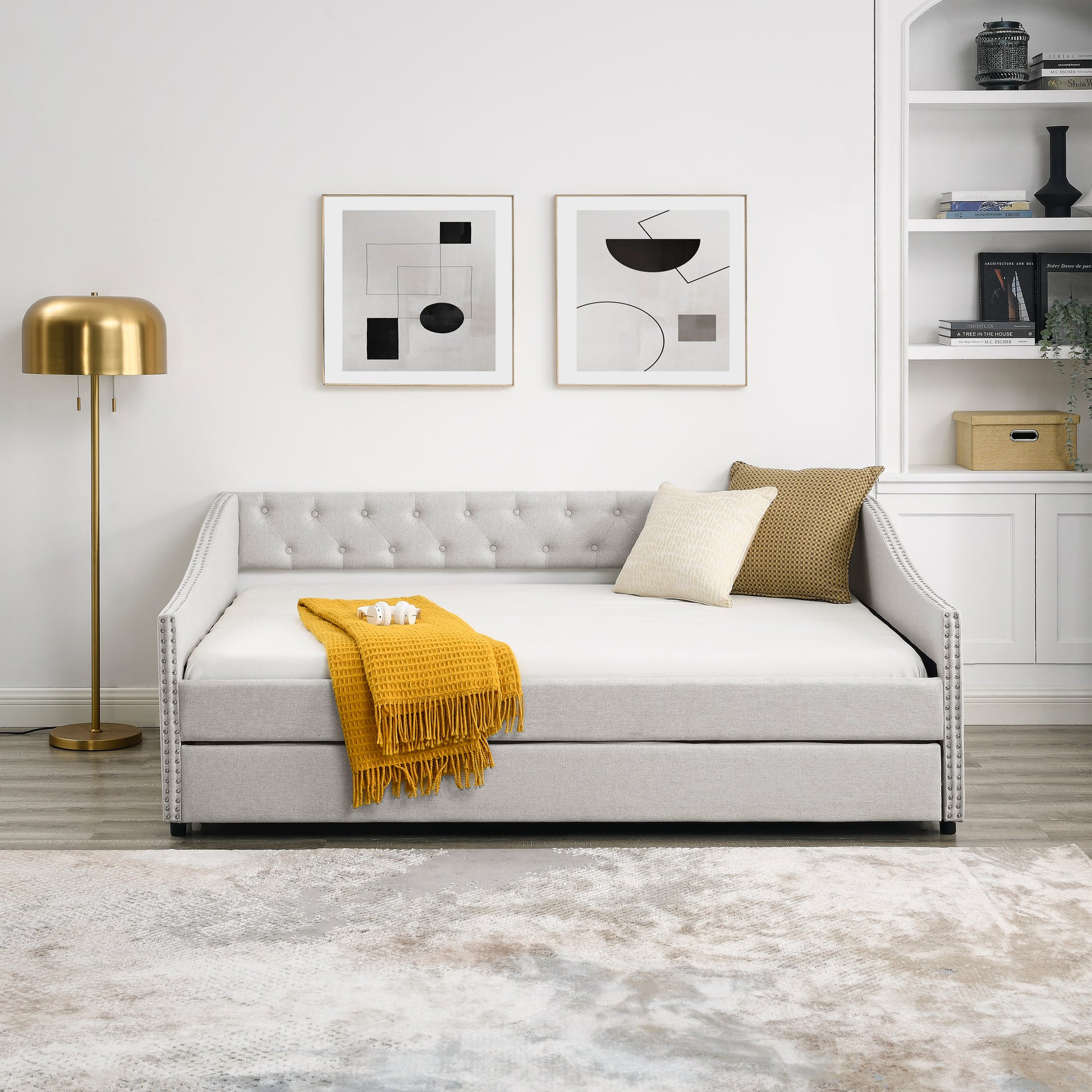 Full Size Daybed With Twin Size Trundle Upholstered Tufted Sofa Bed, With Button On Back And Copper Nail On Waved Shape Arms,Beige 80.5"X55.5"X27.5" Beige Polyester