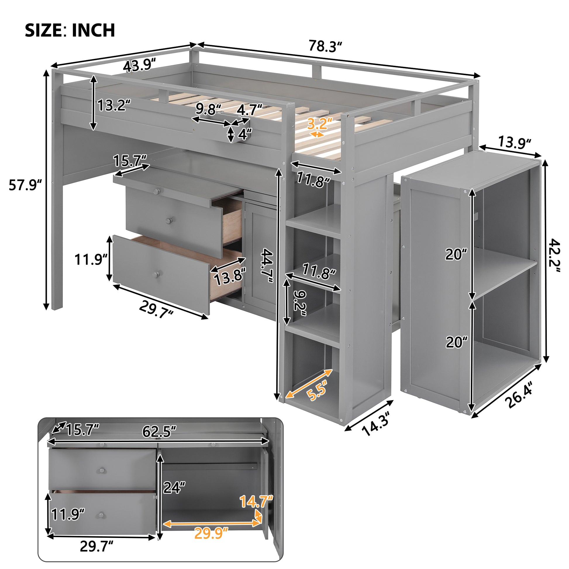 Loft Bed With Rolling Cabinet And Desk Gray Gray Solid Wood Mdf