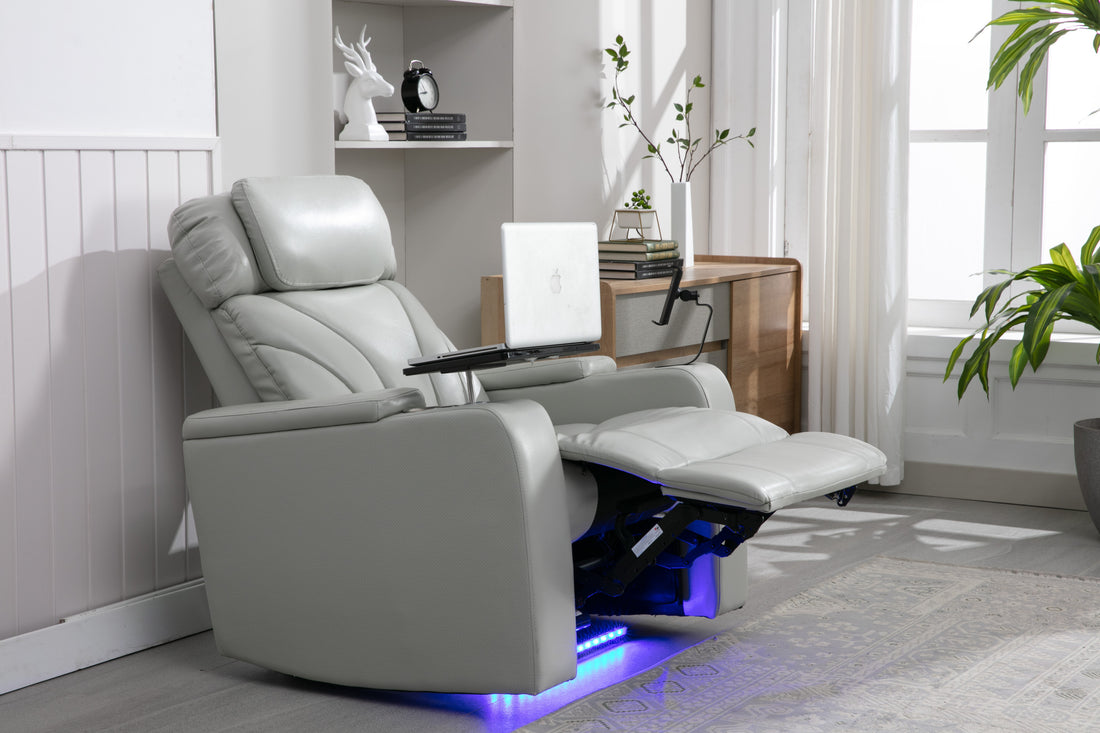 Power Motion Recliner With Usb Charging Port And Hidden Arm Storage, Home Theater Seating With Convenient Cup Holder Design ,And Stereo Light Grey Light Grey Foam Pu