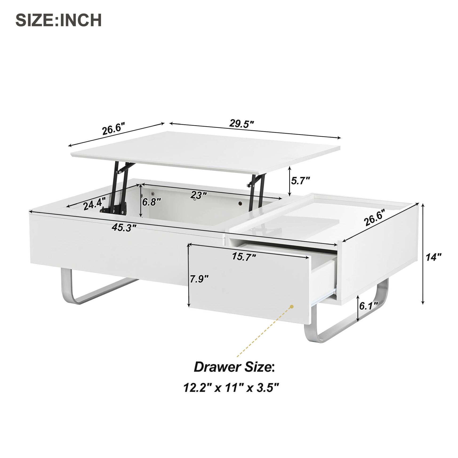Multi Functional Coffee Table With Lifted Tabletop, Contemporary Cocktail Table With Metal Frame Legs, High Gloss Surface Dining Table For Living Room, White White Soft Close Drawers Primary Living Space Contemporary Manual Freestanding Rectangular Hutch