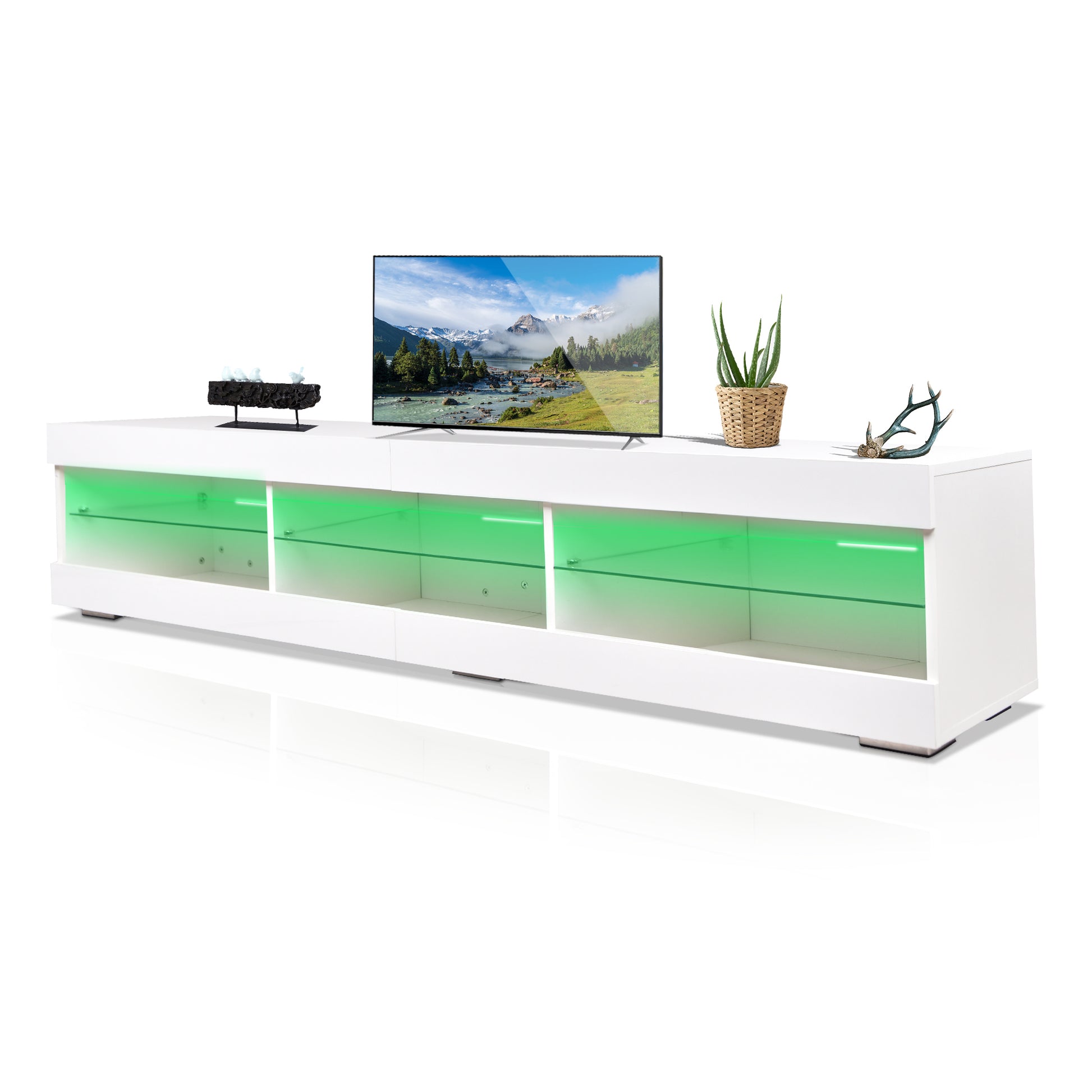 Modern Led Tv Stand Entertainment Center With Storage And Glass Shelves High Glossy Tv Cabinet Table For Living Room Bedroom White Particle Board