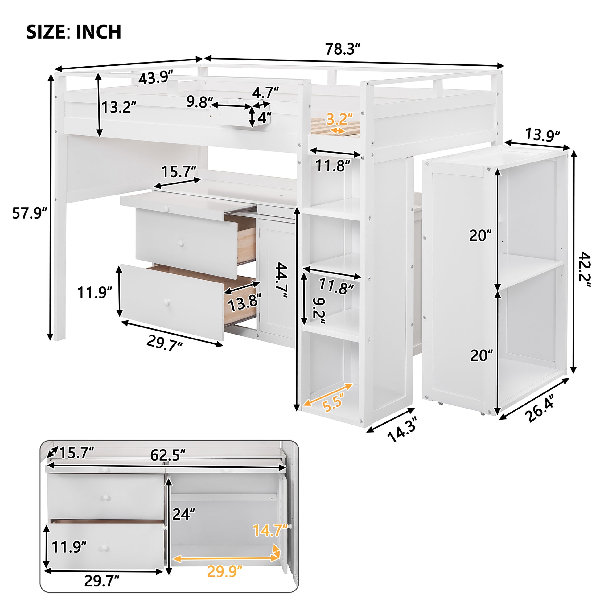 Loft Bed With Rolling Cabinet And Desk White White Solid Wood Mdf