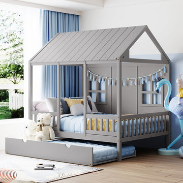 Full Size Wood House Bed With Twin Size Trundle, Wooden Daybed, Gray Full Gray Solid Wood