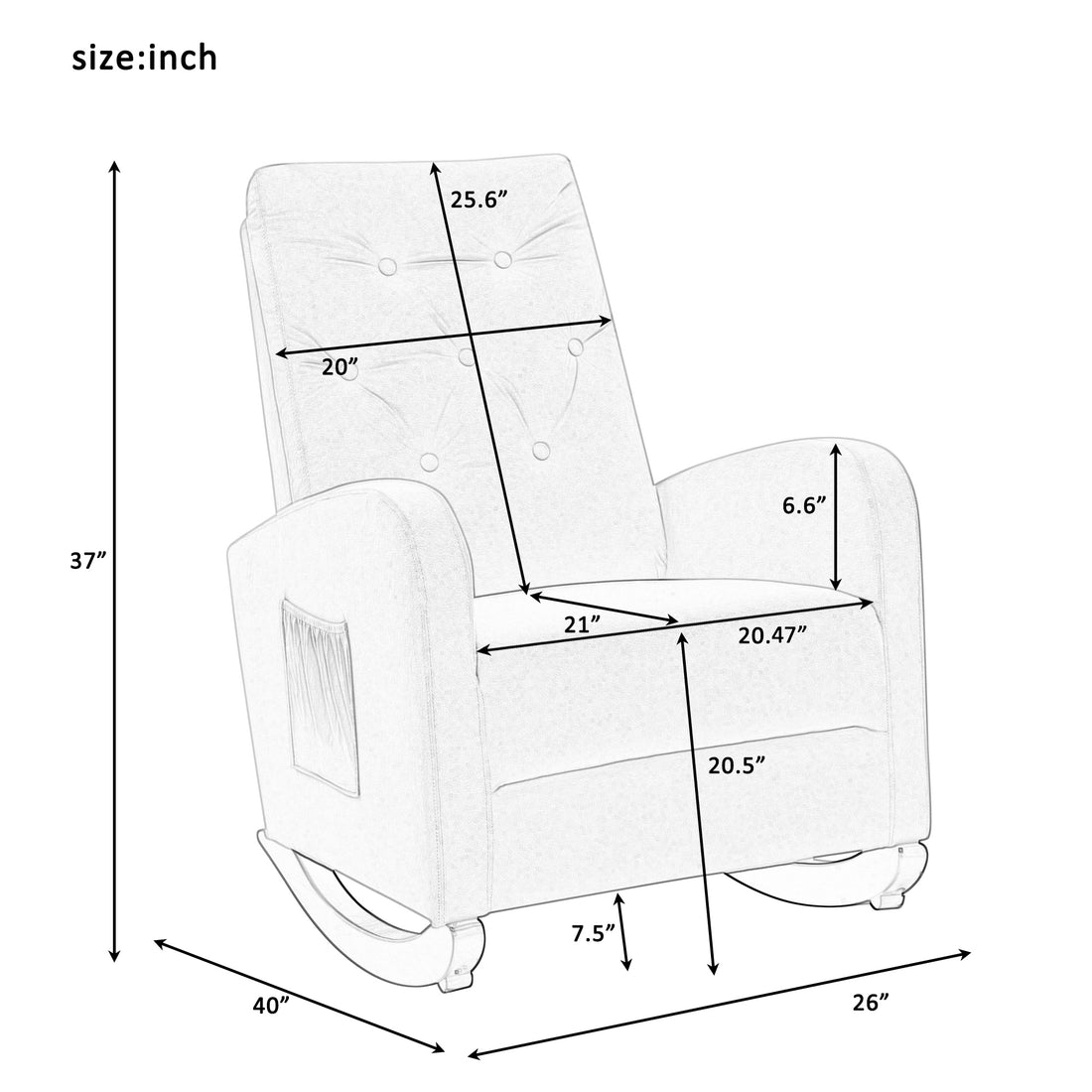 Baby Room High Back Rocking Chair Nursery Chaircomfortable Rocker Fabric Padded Seat ,Modern High Back Armchair Dark Gray Cotton