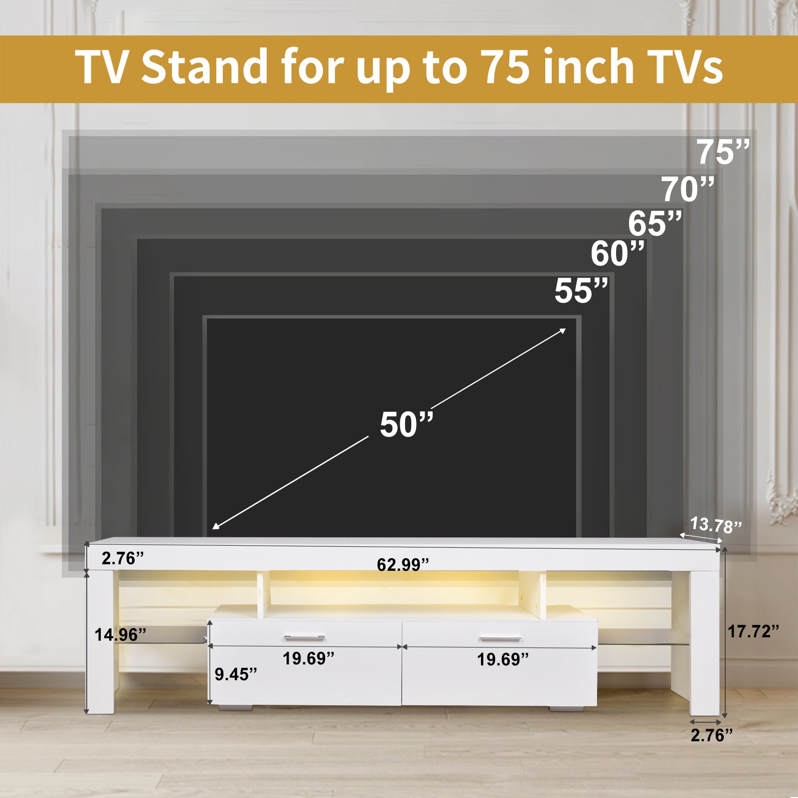 Led Tv Stand Modern Tv Stand With Storage Entertainment Center With Drawer Tv Cabinet For Up To 75 Inch For Gaming Living Room Bedroom White Particle Board