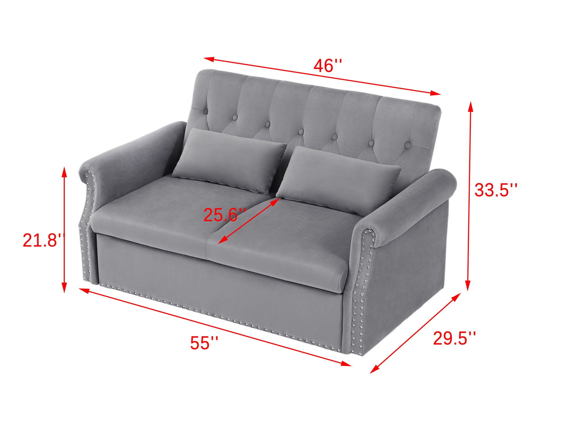 Artemax 55'' Modern Shiny Velvet Convertible Loveseat Sleeper Sofa Couch W 2 Lumbar Pillows, Adjustable Pull Out Bed And Removable Armrest For Nursery, Living Room, Apartment, Home Office Gray Foam Velvet