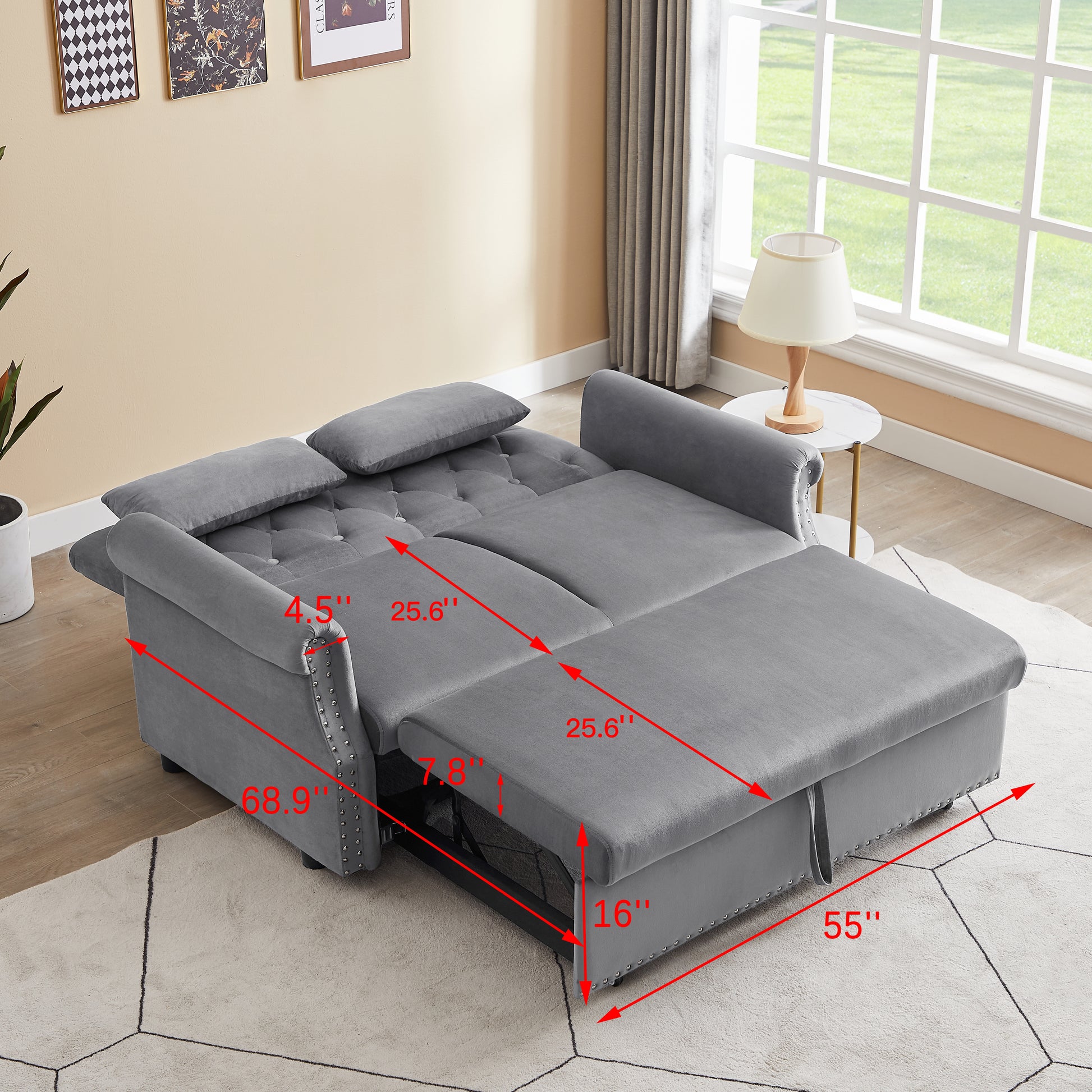 Artemax 55'' Modern Shiny Velvet Convertible Loveseat Sleeper Sofa Couch W 2 Lumbar Pillows, Adjustable Pull Out Bed And Removable Armrest For Nursery, Living Room, Apartment, Home Office Gray Foam Velvet