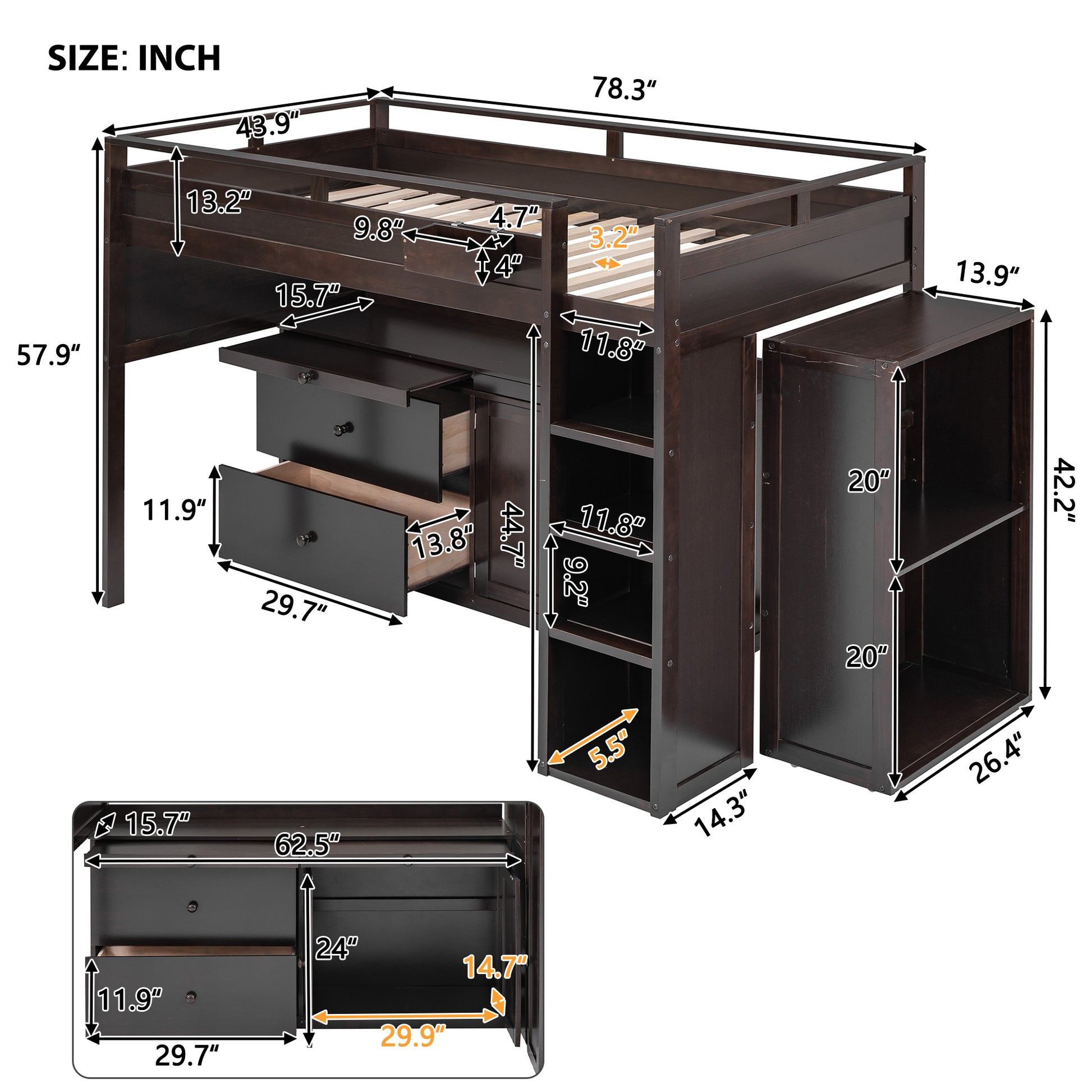 Loft Bed With Rolling Cabinet And Desk Espresso Espresso Solid Wood Mdf