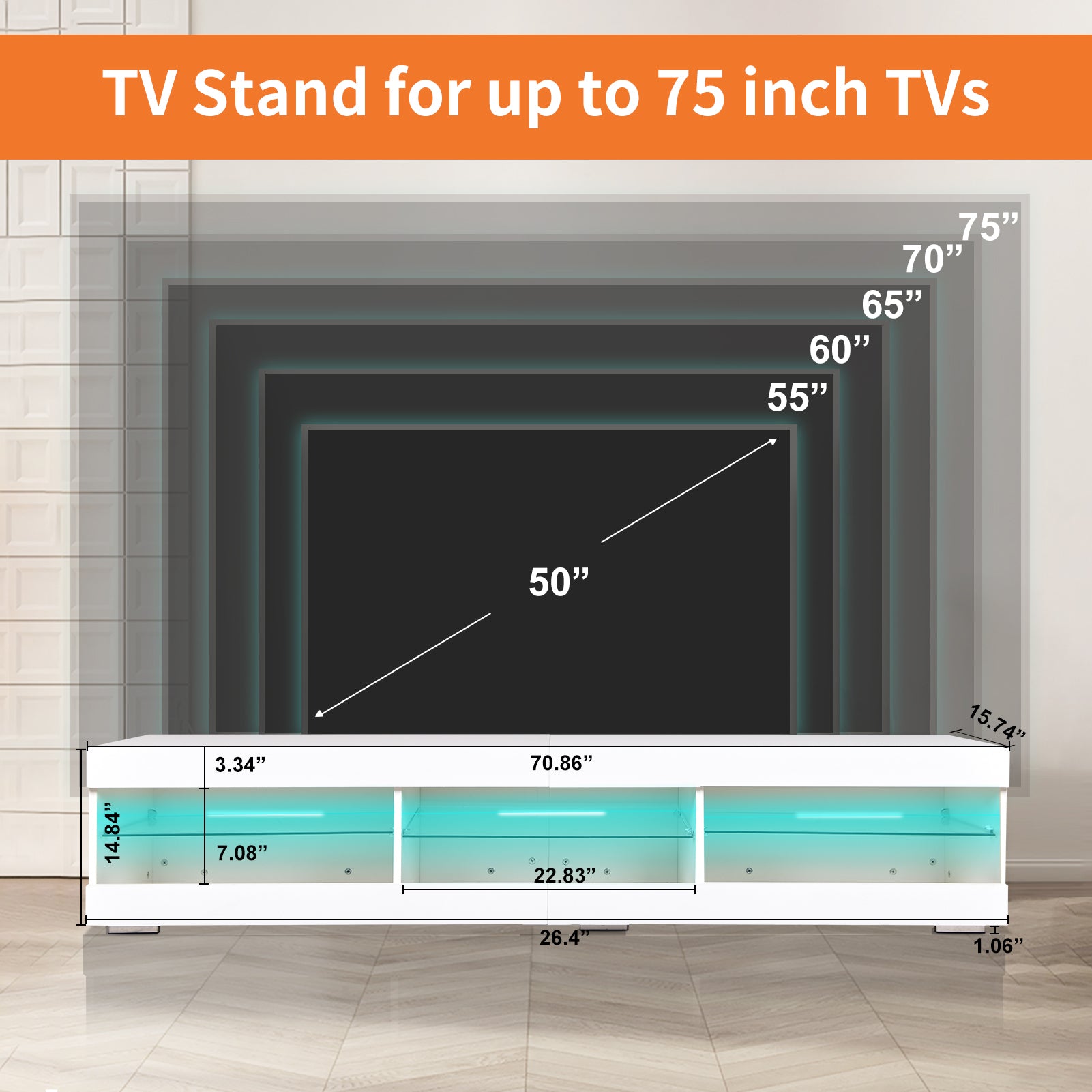 Modern Led Tv Stand Entertainment Center With Storage And Glass Shelves High Glossy Tv Cabinet Table For Living Room Bedroom White Particle Board