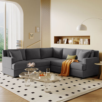 Sectional Modular Sofa With 2 Tossing Cushions And Solid Frame For Living Room Gray Polyester