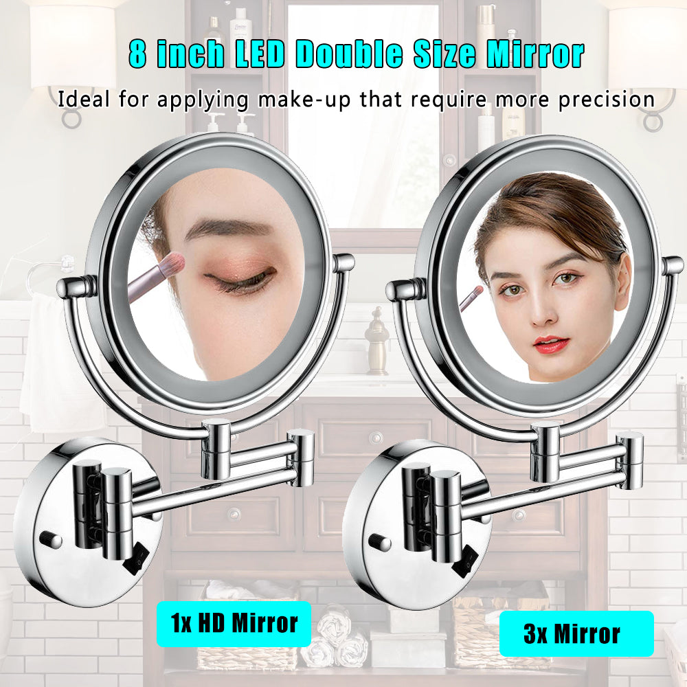 8 Inch Led Wall Mount Two Sided Magnifying Makeup Vanity Mirror 12 Inch Extension Chrome Finish 1X 3X Magnification Plug 360 Degree Rotation Waterproof Button Shaving Mirror Chrome Stainless Steel