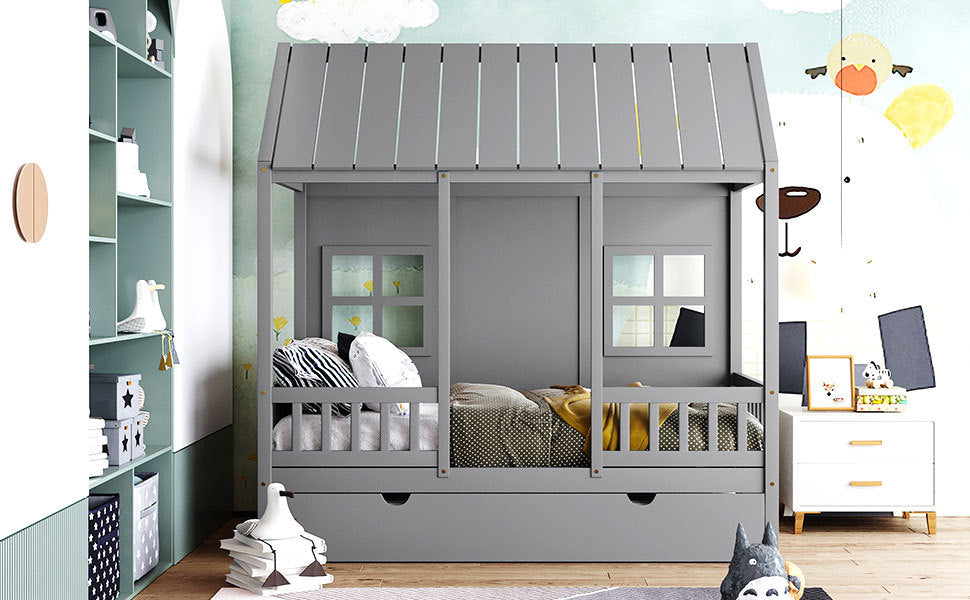 Twin Size Wood House Bed With Twin Size Trundle, Wooden Daybed, Gray Gray Solid Wood