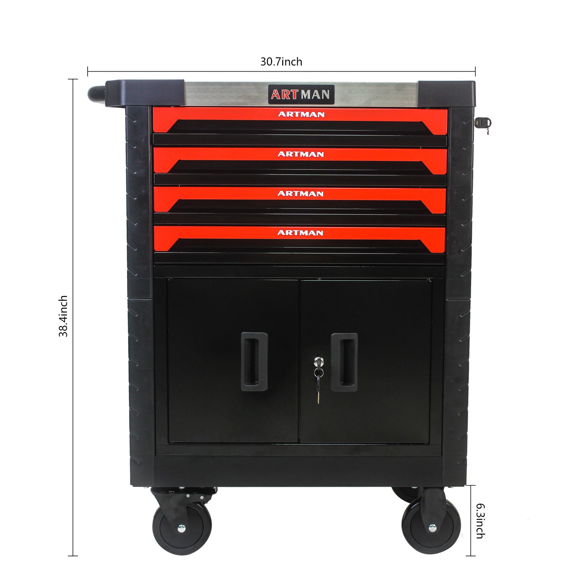 Removable 4 Drawers Tool Cart With Lock Black Red Metal