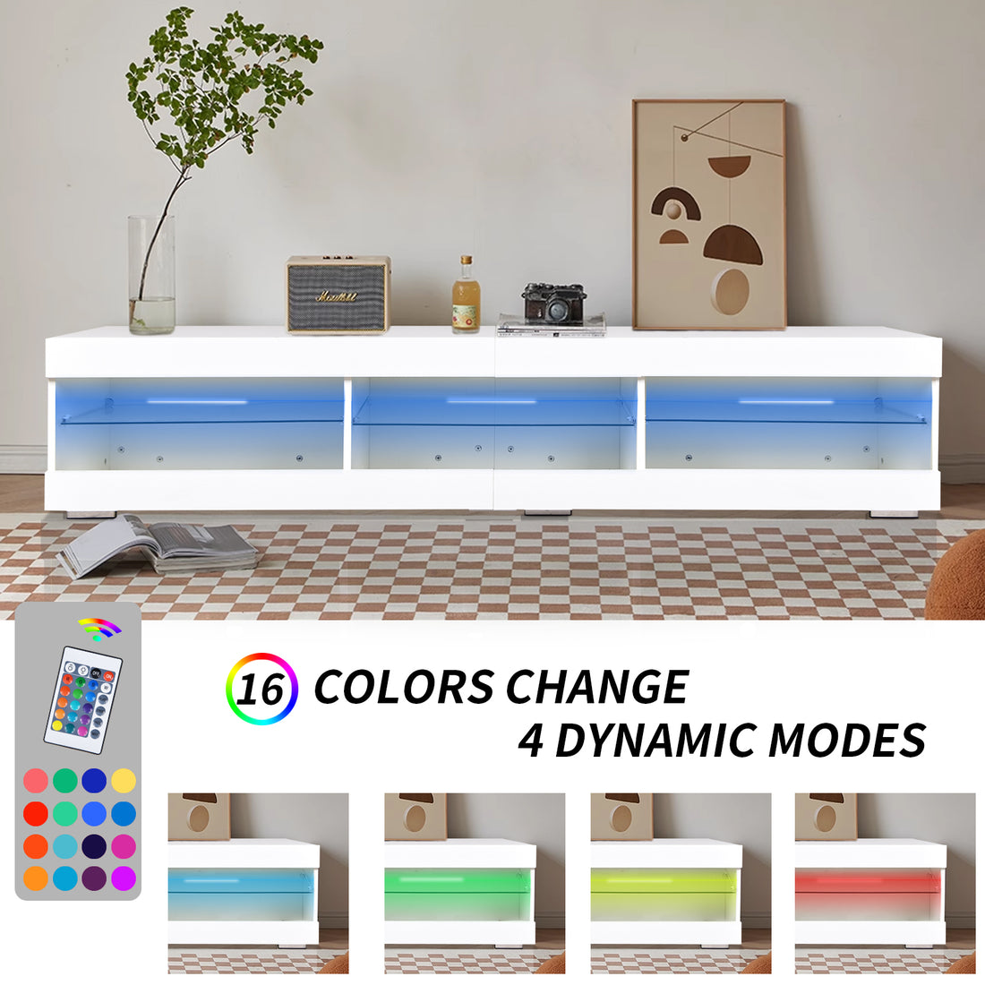 Modern Led Tv Stand Entertainment Center With Storage And Glass Shelves High Glossy Tv Cabinet Table For Living Room Bedroom White Particle Board