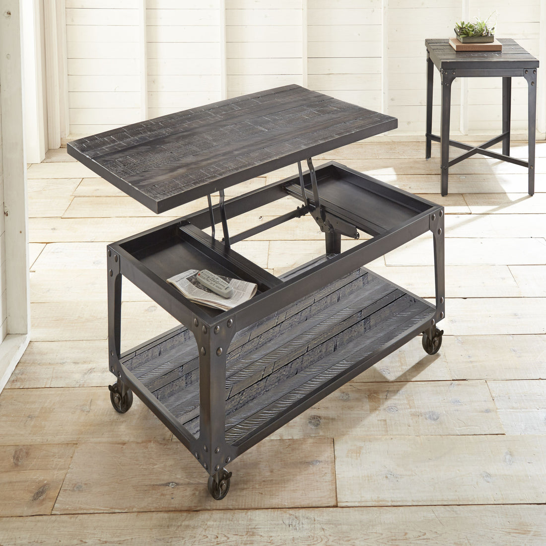 Rustic Industrial Lift Top End Table Highly Distressed Top And Base, Metal Structure Locking Casters, Functional Design Gray Solid Wood Mdf