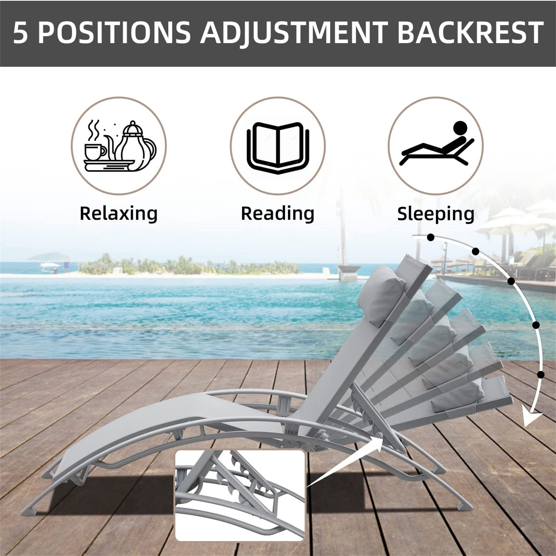 Pool Lounge Chairs Set Of 3, Adjustable Aluminum Outdoor Chaise Lounge Chairs With Metal Side Table, All Weather For Deck Lawn Poolside Backyard Grey,2 Lounge Chairs 1 Table Gray Aluminium