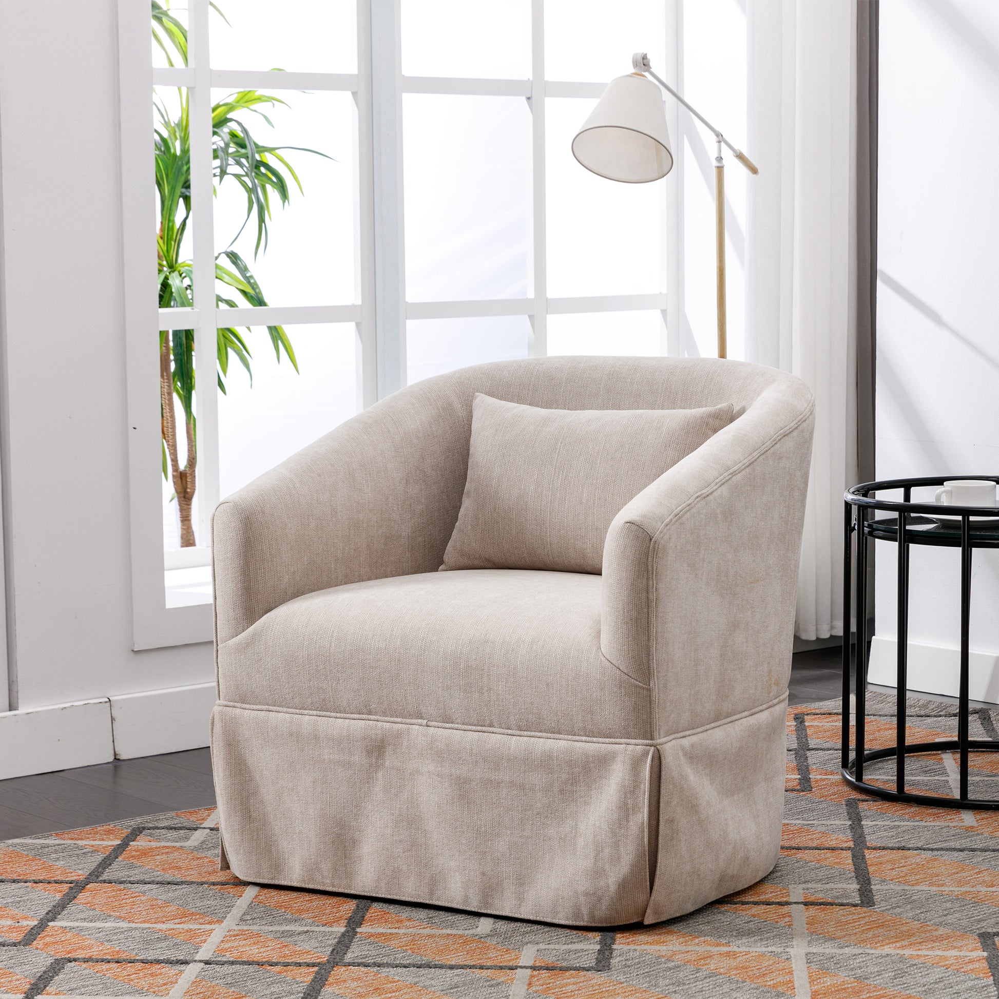 360 Degree Swivel Accent Armchair Linen Blend Beige Beige Foam Upholstered