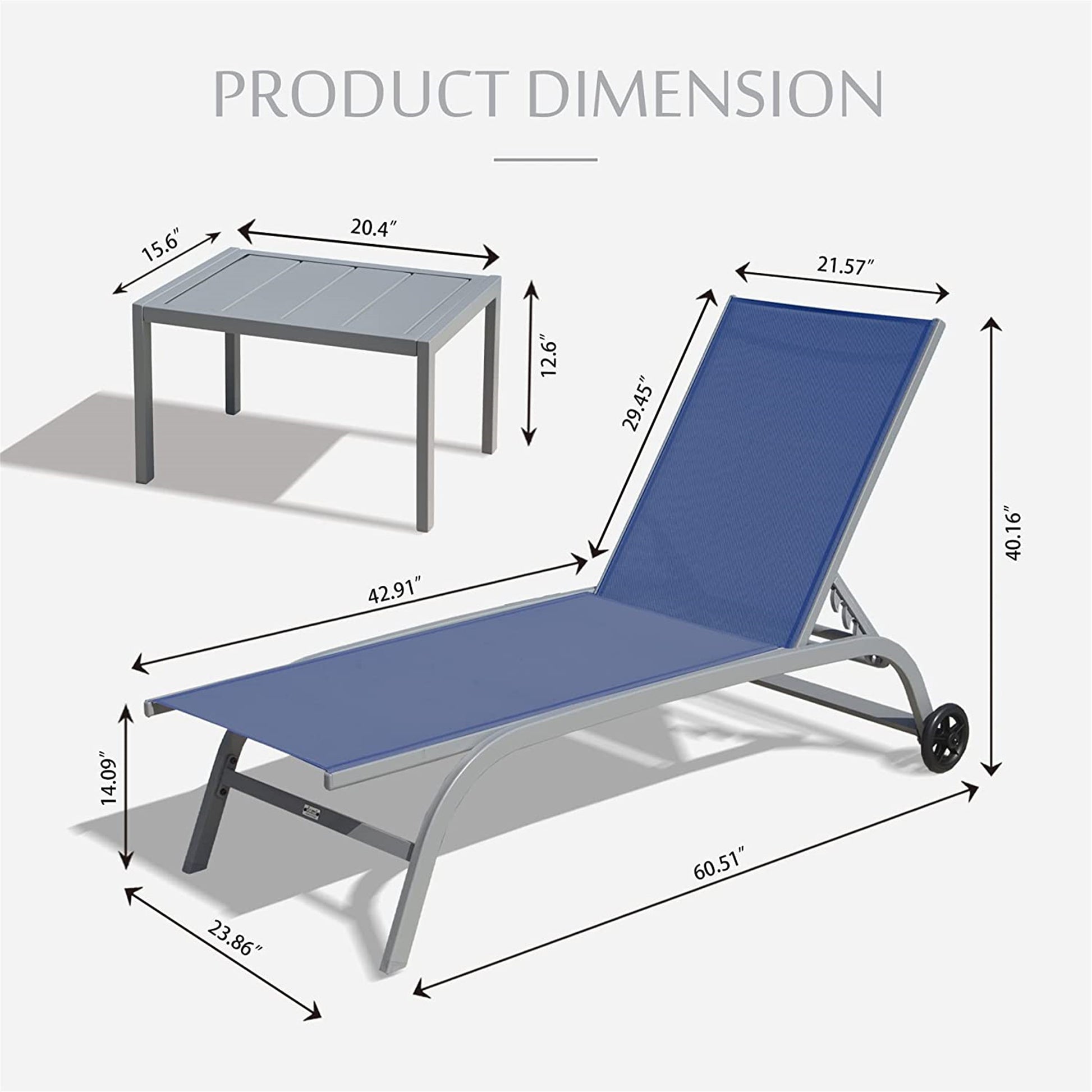 Chaise Lounge Outdoor Set Of 3, Lounge Chairs For Outside With Wheels, Outdoor Lounge Chairs With 5 Adjustable Position, Pool Lounge Chairs For Patio, Beach Blue, 2 Lounge Chairs 1 Table Blue Aluminium