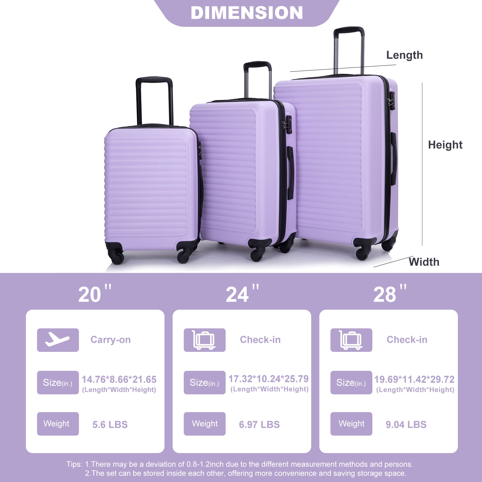 3 Piece Luggage Sets Abs Lightweight Suitcase With Two Hooks, Spinner Wheels, Tsa Lock, 20 24 28 Lavender Purple Lavender Purple Abs