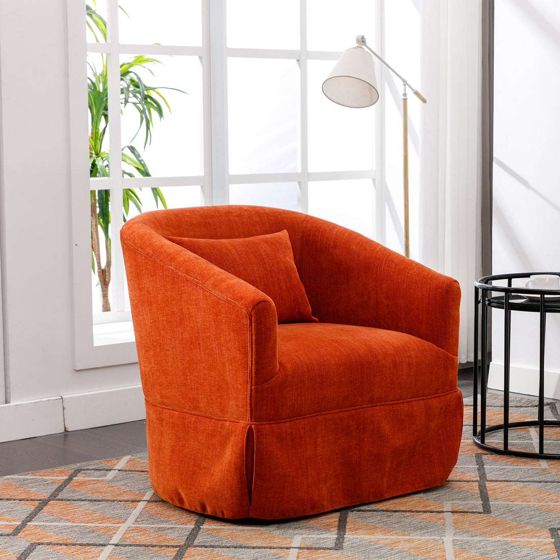 360 Degree Swivel Accent Armchair Linen Blend Orange Orange Foam Upholstered