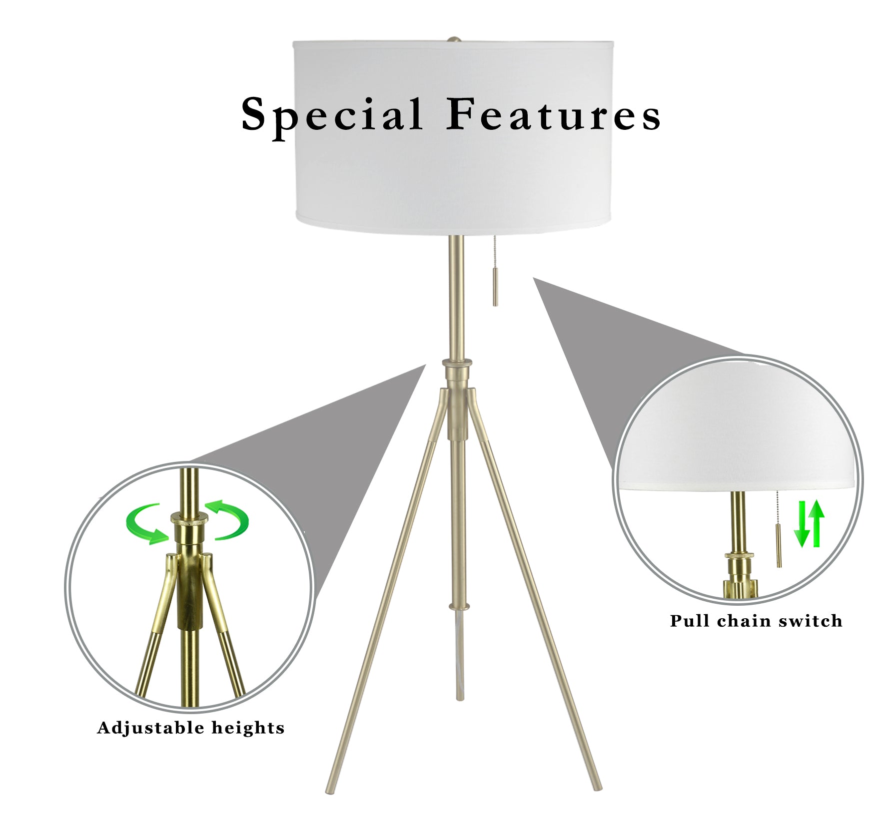 58" 72"H Adjustable Tripod Floor W Kd Shade 1Pcs Ctn 1.78 9.9 Brushed Gold Metal