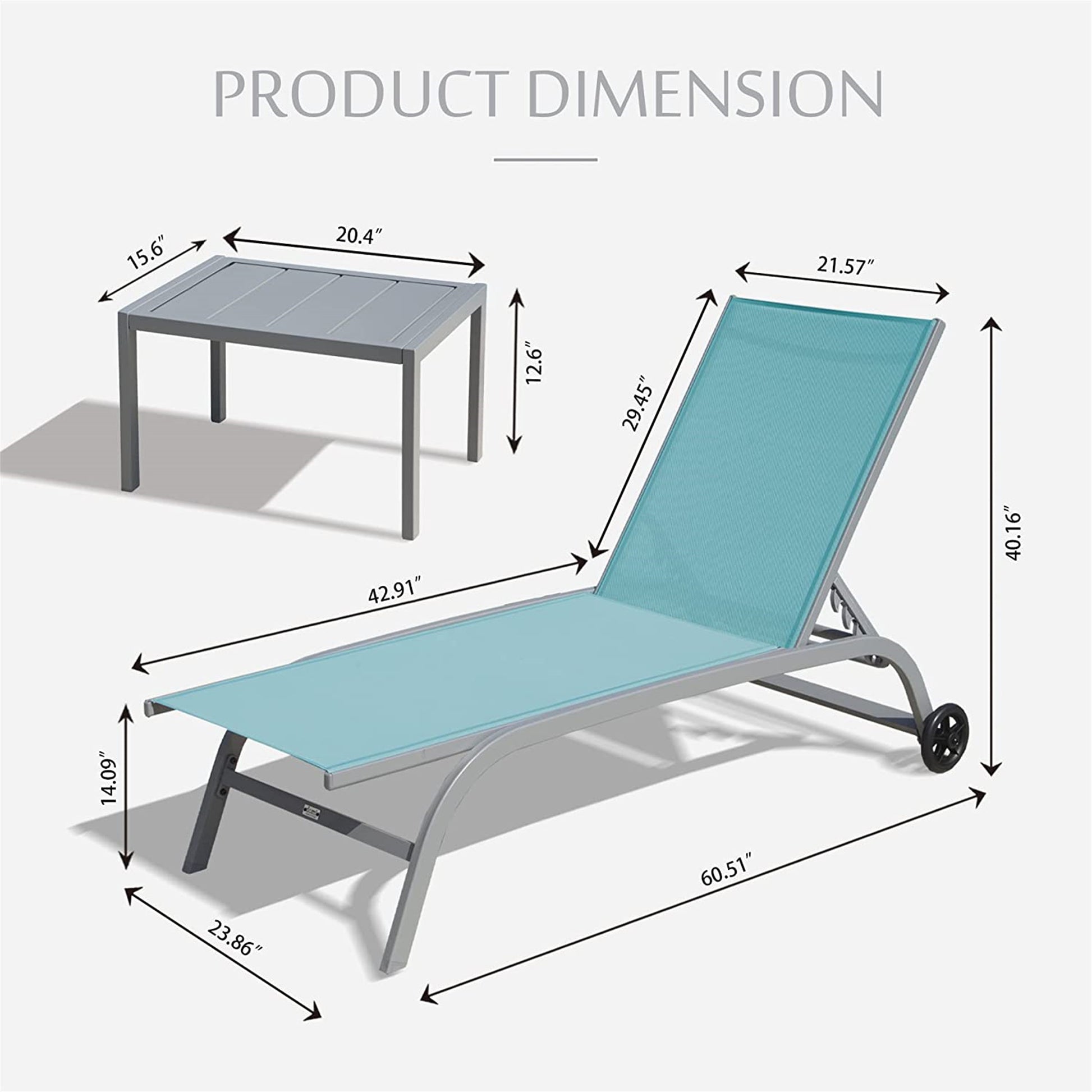 Chaise Lounge Outdoor Set Of 3, Lounge Chairs For Outside With Wheels, Outdoor Lounge Chairs With 5 Adjustable Position, Pool Lounge Chairs For Patio, Beach Turquoise Blue, 2 Lounge Chairs 1 Table Lake Blue Aluminium