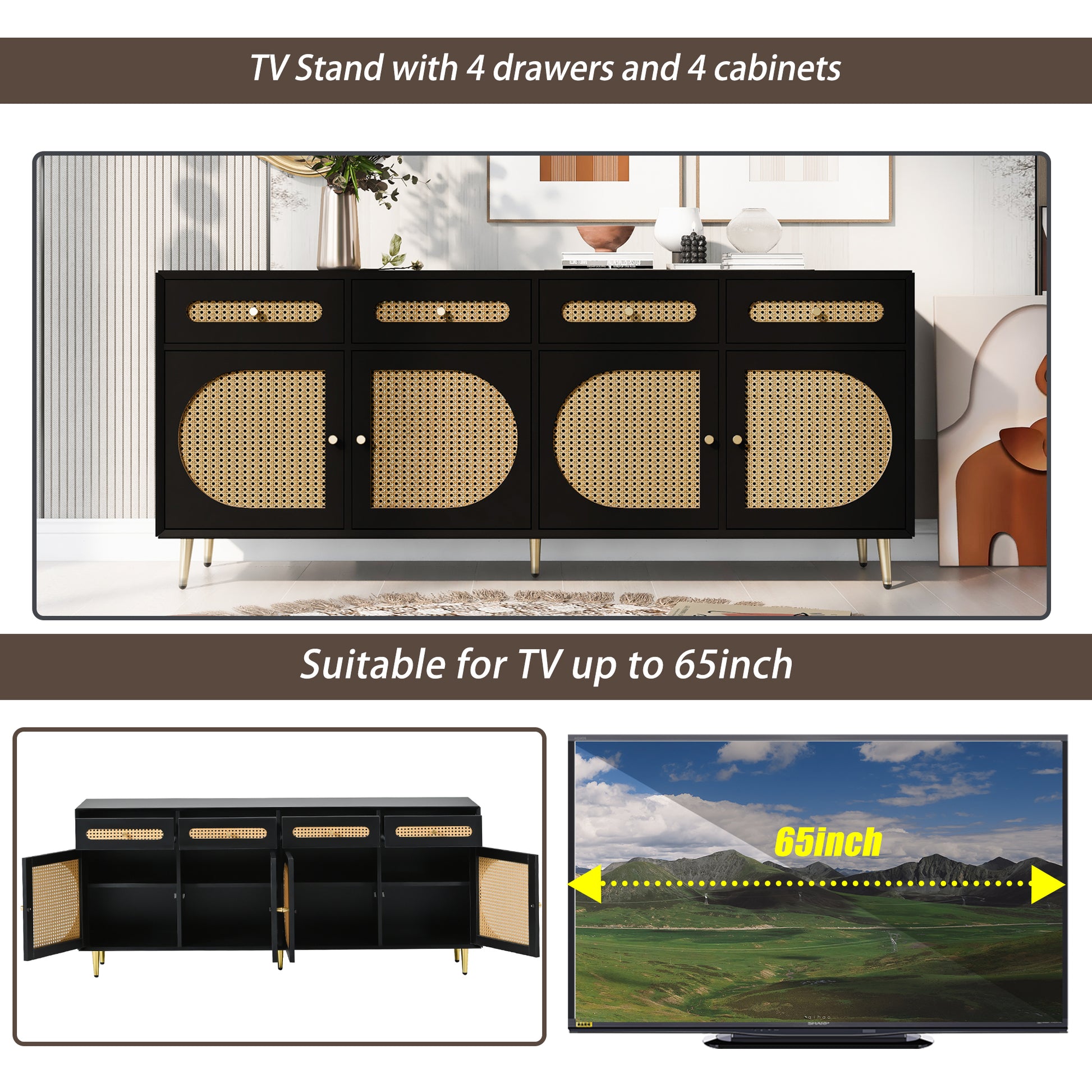 Tv Stand With Rattan Door,Woven Media Console Table With Adjustable Shelves For Tvs Up To 65",Storage Sideboard Cabinet For Living Room Black Primary Living Space Modern 60 Inches Particle Board Particle Board