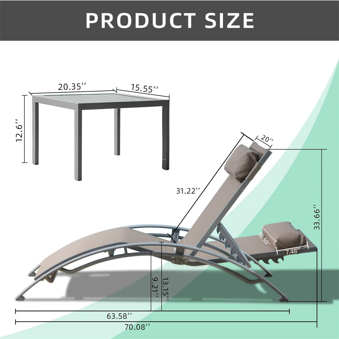 Pool Lounge Chairs Set Of 3, Adjustable Aluminum Outdoor Chaise Lounge Chairs With Metal Side Table, All Weather For Deck Lawn Poolside Backyard Khaiki, 2 Lounge Chair 1 Table Khaki Aluminium