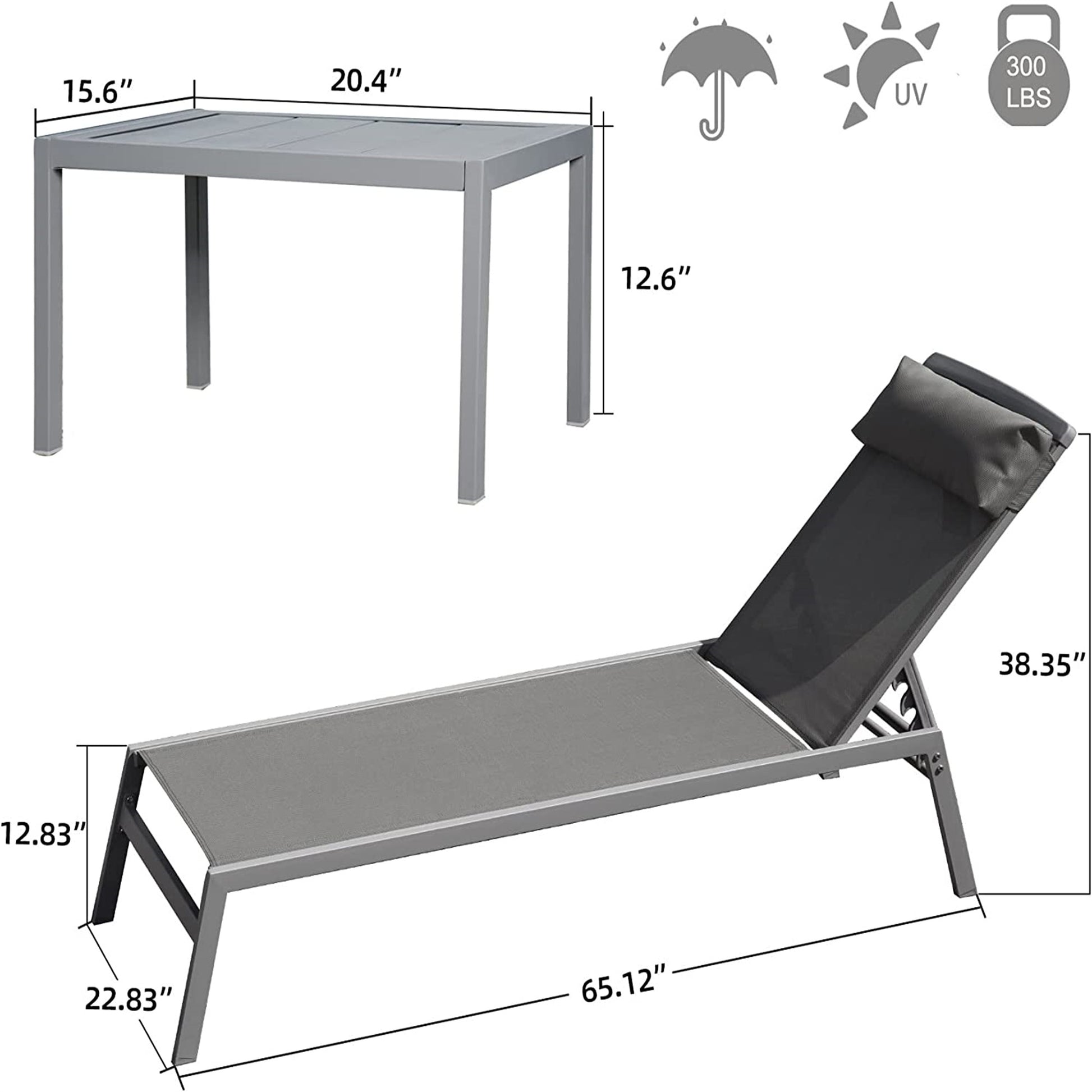 Patio Chaise Lounge Set, 3 Pieces Aluminum Adjustable Pool Lounge Chairs Textilene Sunbathing Recliner With Headrest Grey,2 Lounge Chairs 1 Table Grey Aluminium