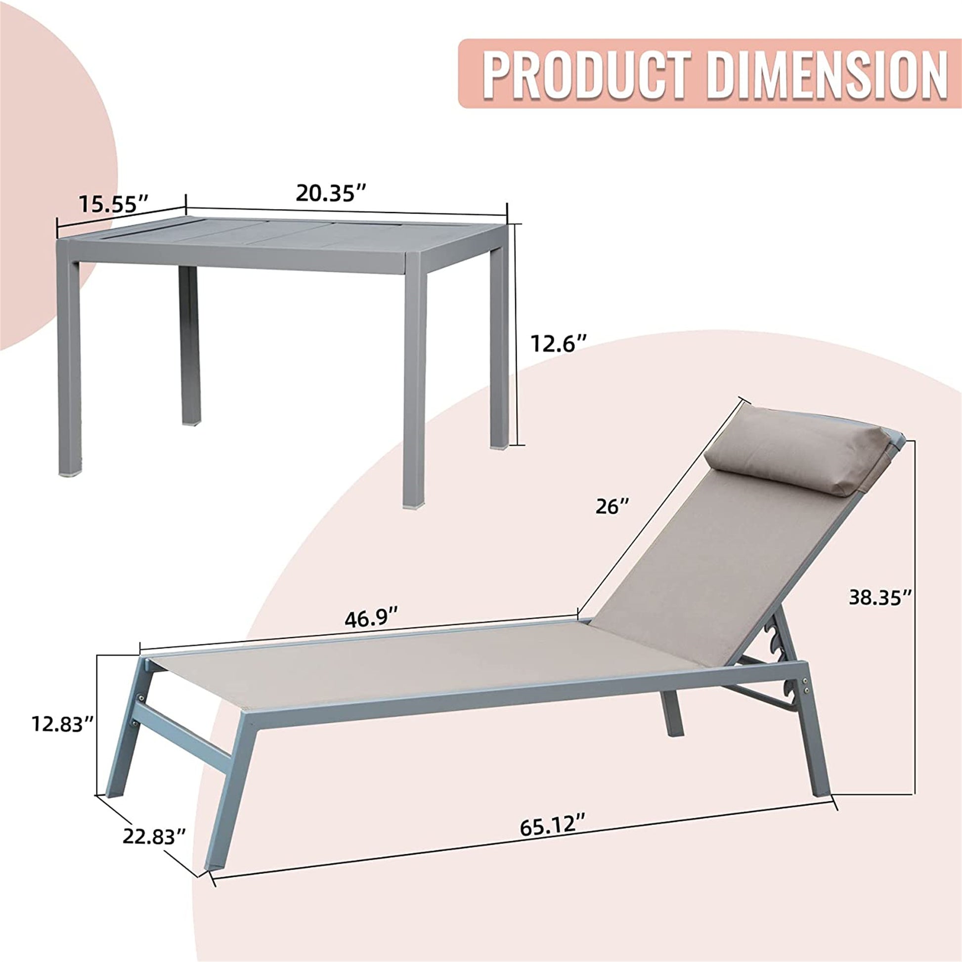 Patio Chaise Lounge Set Of 3, Aluminum Lounge Chairs With 5 Adjustable Positions, Outdoor Chaise Lounge For Pool, Deck, Garden, Backyard, Sunbathing Khaki,2 Lounge Chairs 1 Table Khaki Aluminium
