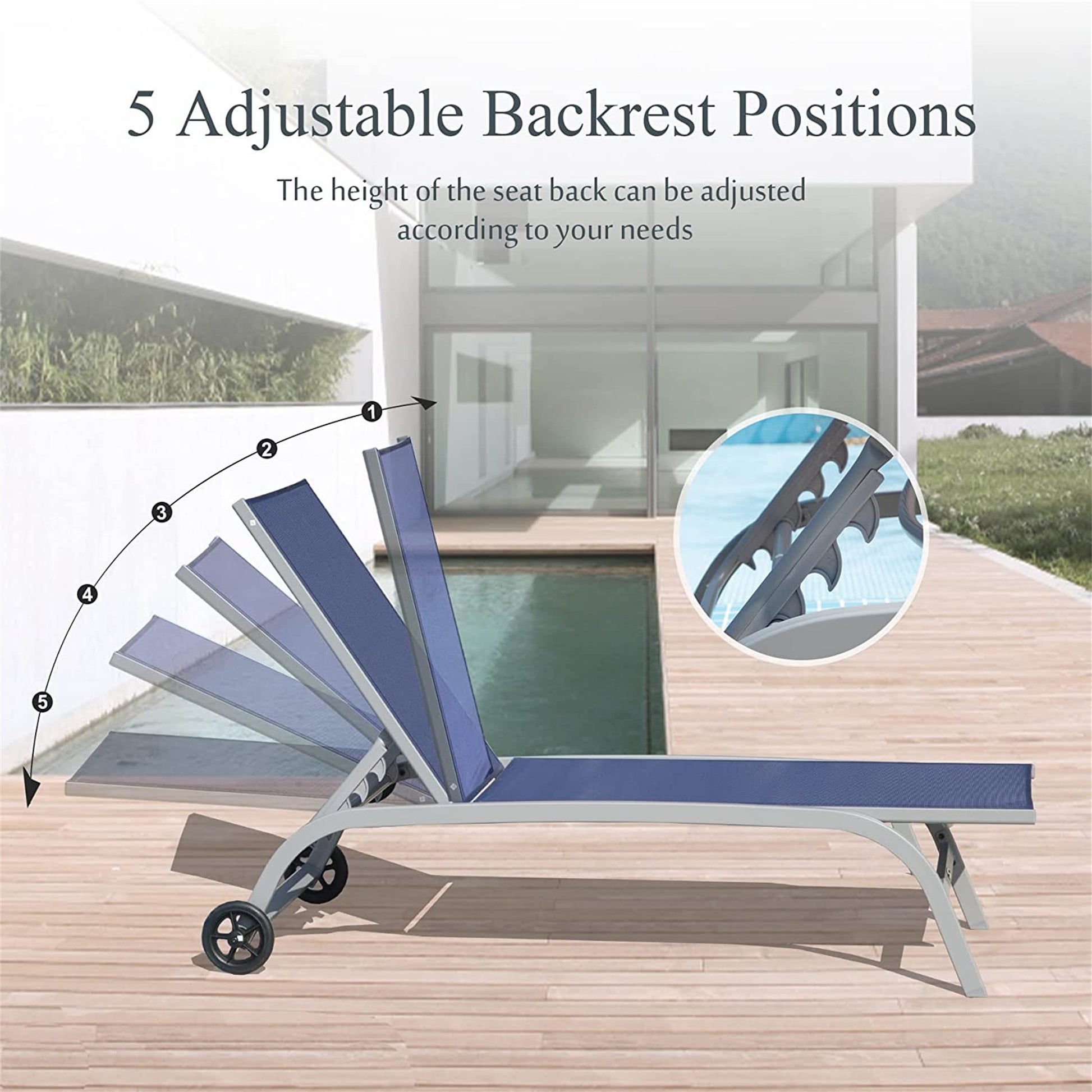 Chaise Lounge Outdoor Set Of 3, Lounge Chairs For Outside With Wheels, Outdoor Lounge Chairs With 5 Adjustable Position, Pool Lounge Chairs For Patio, Beach Blue, 2 Lounge Chairs 1 Table Blue Aluminium
