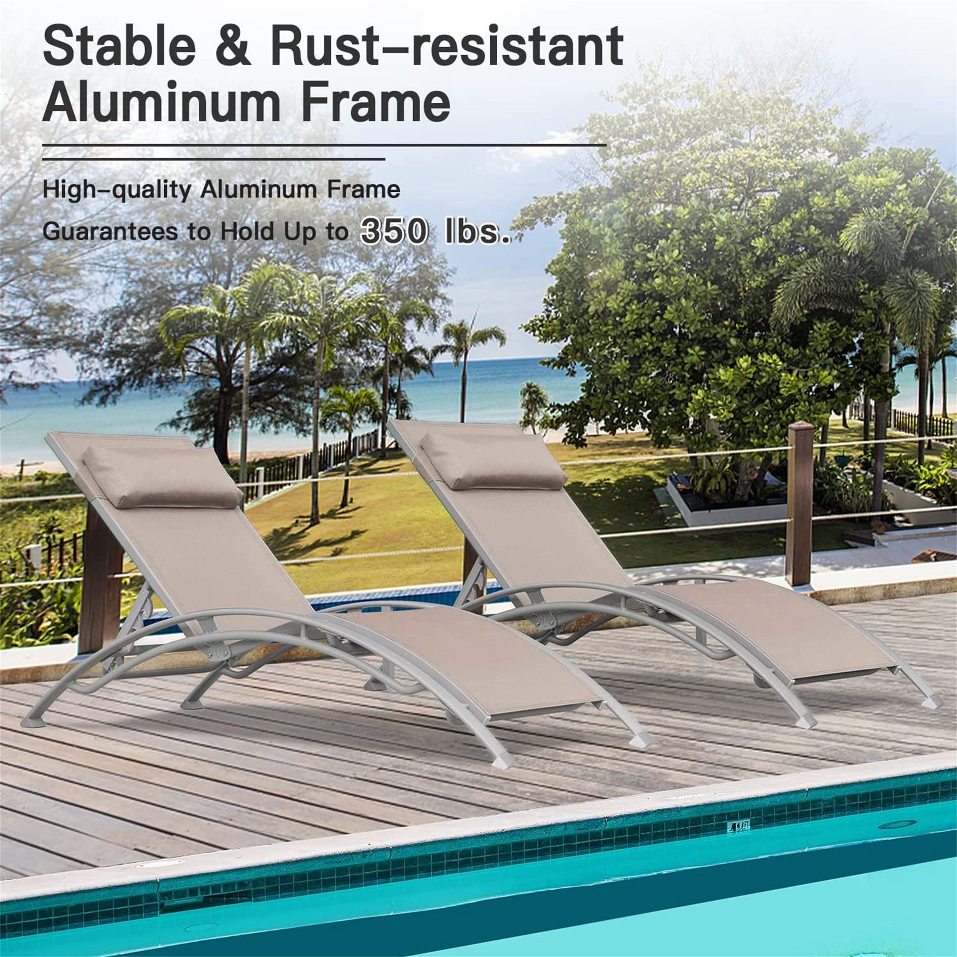 Outdoor Chaise Lounge Set Of 2 Patio Recliner Chairs With Adjustable Backrest And Removable Pillow For Indoor&Outdoor Beach Pool Sunbathing Lawn Khaki,2 Lounge Chairs Khaki Aluminium