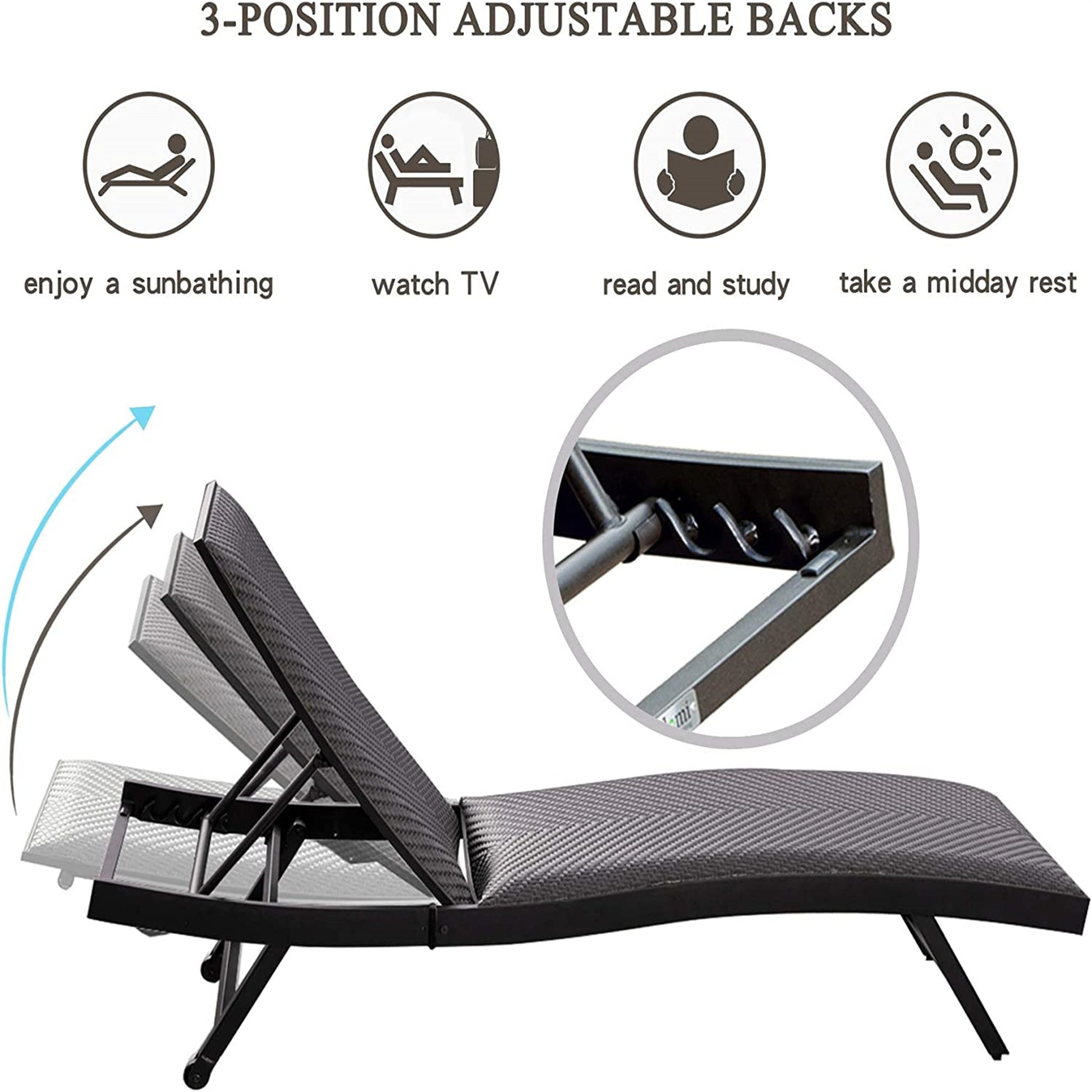 Outdoor Pe Wicker Chaise Lounge Set Of 2 Patio Reclining Chair Furniture Set Beach Pool Adjustable Backrest Recliners Padded With Quick Dry Foam Brown, 2 Lounge Chairs Dark Brown Wicker