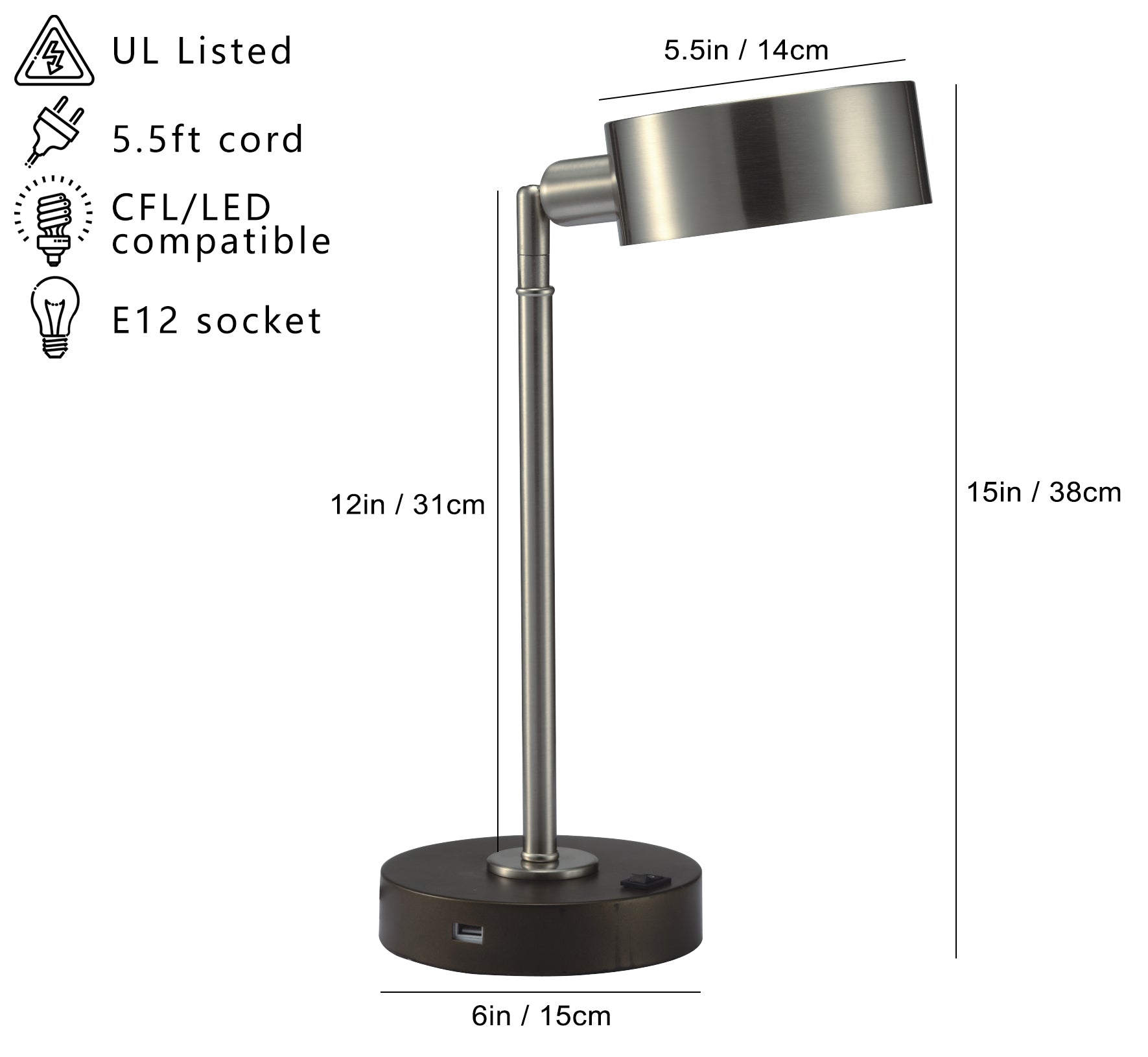 15" Led W Usb Port Desk Lamp 1Pc Ctn 0.37 3.33 Brushed Nickel Metal