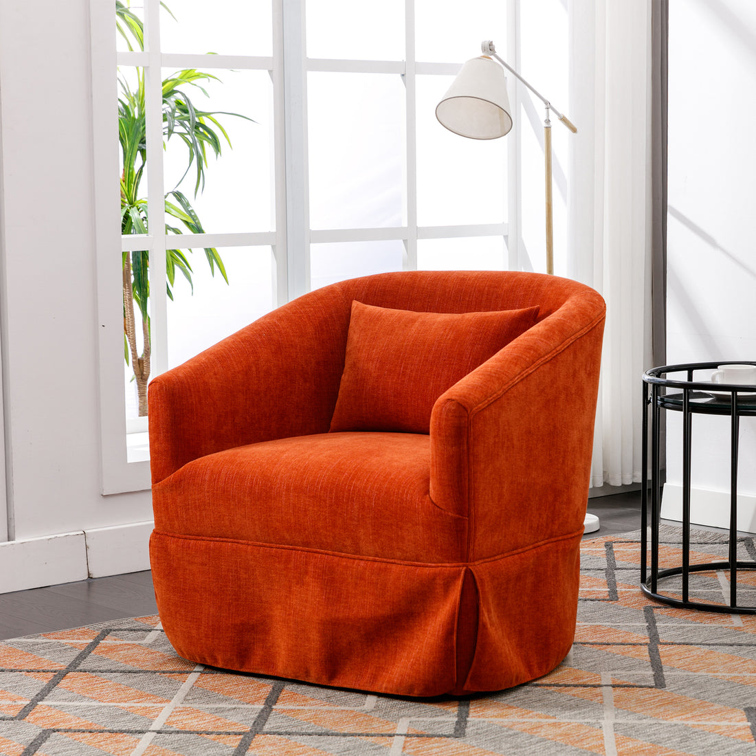 360 Degree Swivel Accent Armchair Linen Blend Orange Orange Foam Upholstered