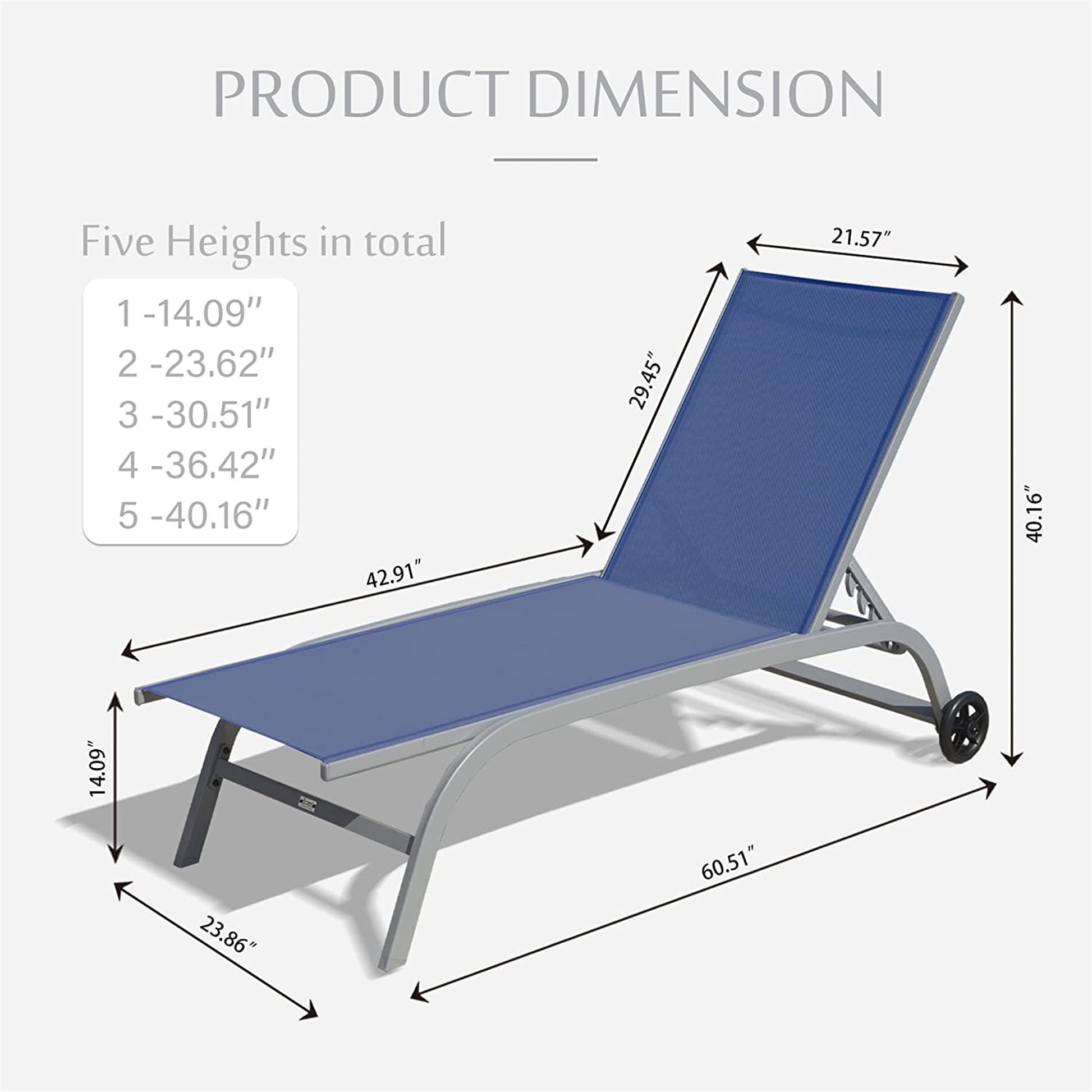 Chaise Lounge Outdoor Set Of 2, Lounge Chairs For Outside With Wheels, Outdoor Lounge Chairs With 5 Adjustable Position, Pool Lounge Chairs For Patio, Beach, Yard, Deck, Poolside Blue, 2 Lounge Chair Blue Aluminium