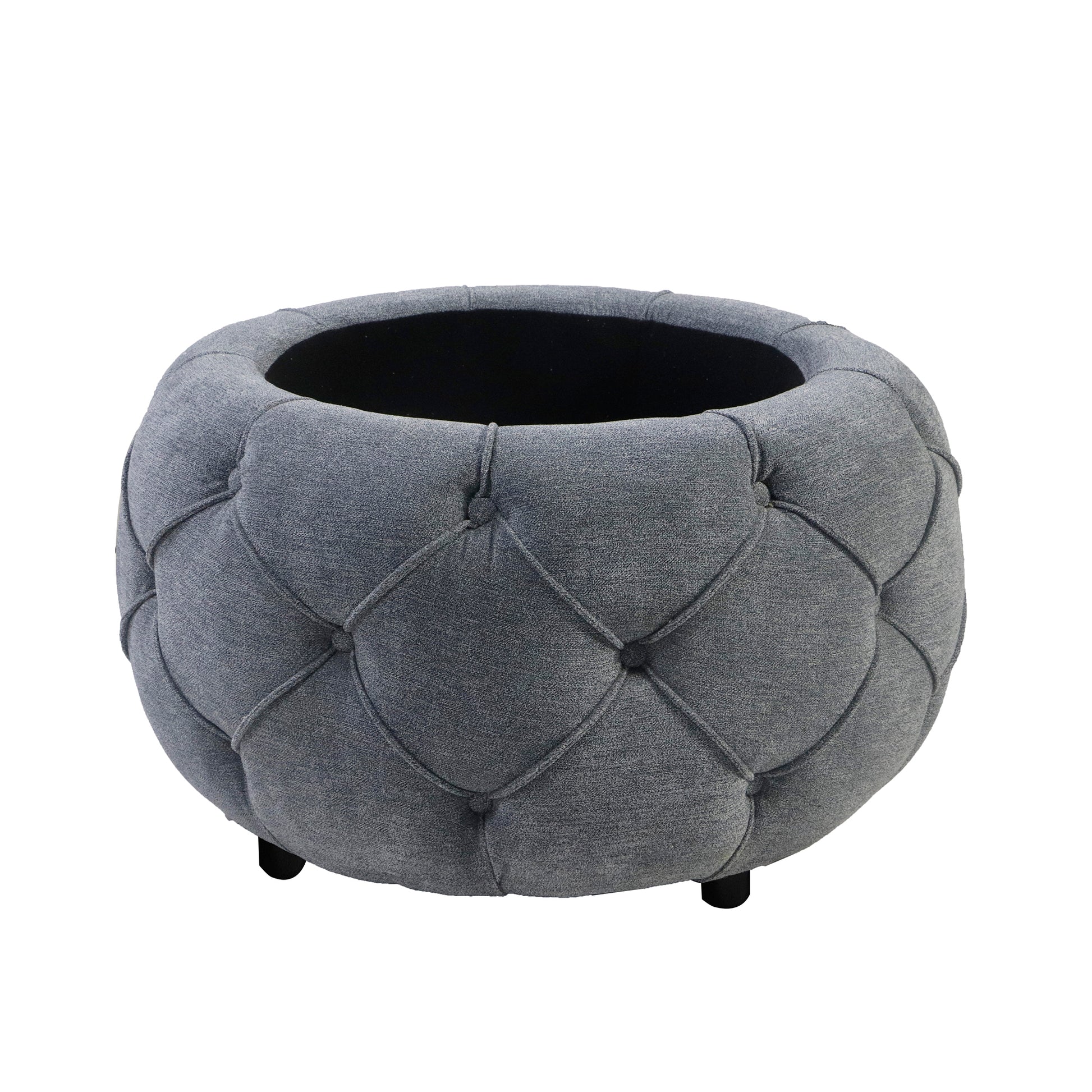 Large Button Tufted Woven Round Storage Ottoman For Living Room & Bedroom,17.7"H Burlap Grey Grey Burlap