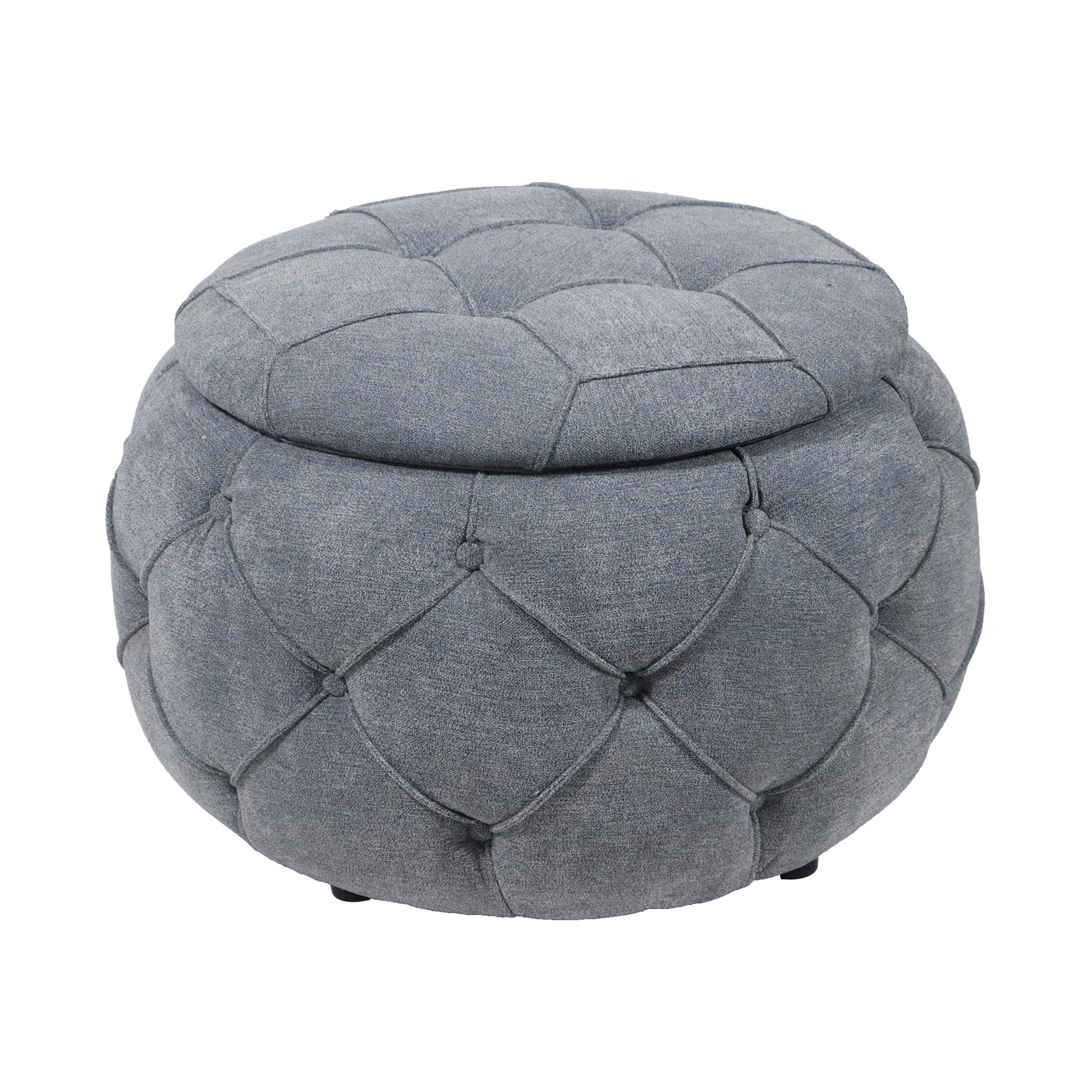 Large Button Tufted Woven Round Storage Ottoman For Living Room & Bedroom,17.7"H Burlap Grey Grey Burlap