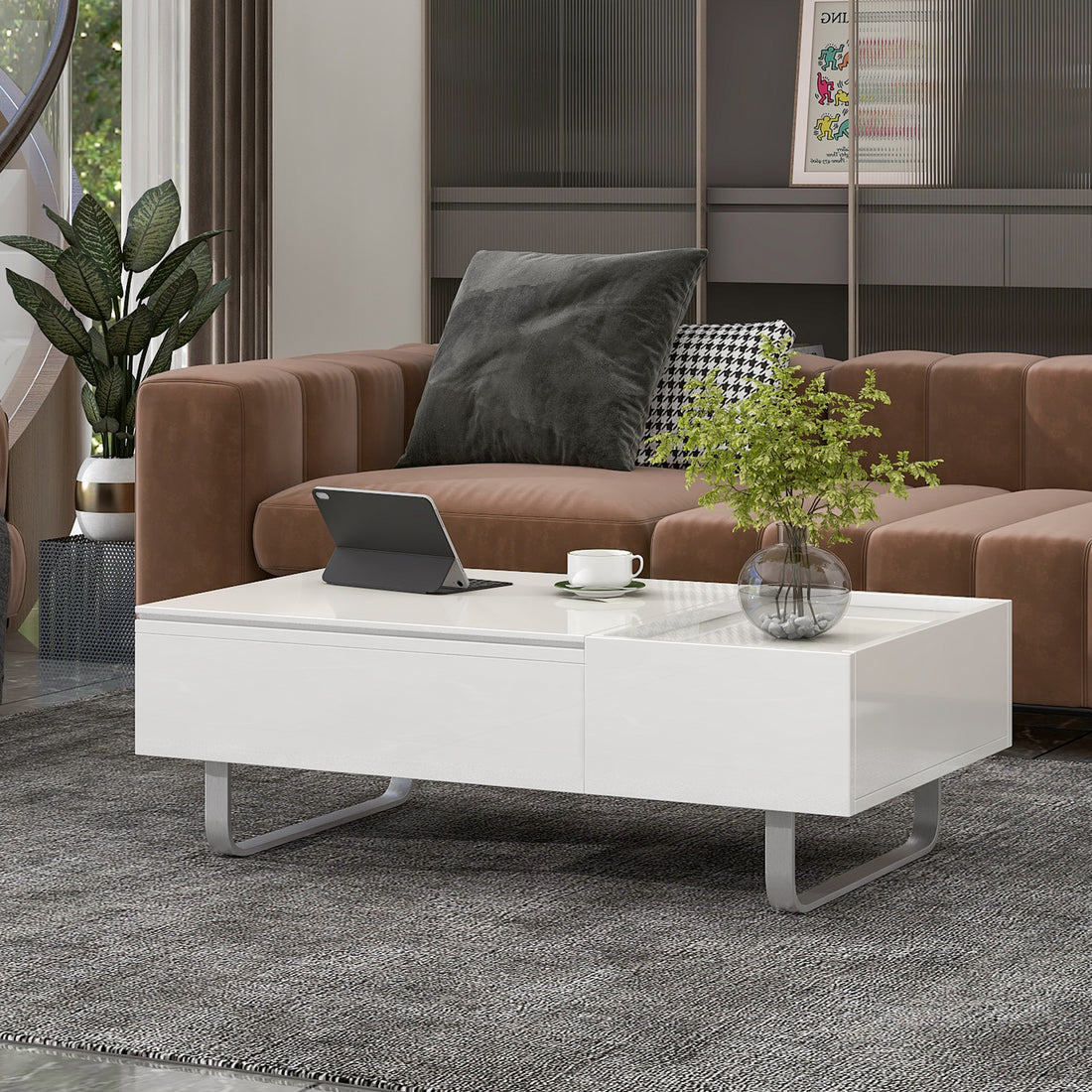 Multi Functional Coffee Table With Lifted Tabletop, Contemporary Cocktail Table With Metal Frame Legs, High Gloss Surface Dining Table For Living Room, White White Soft Close Drawers Primary Living Space Contemporary Manual Freestanding Rectangular Hutch