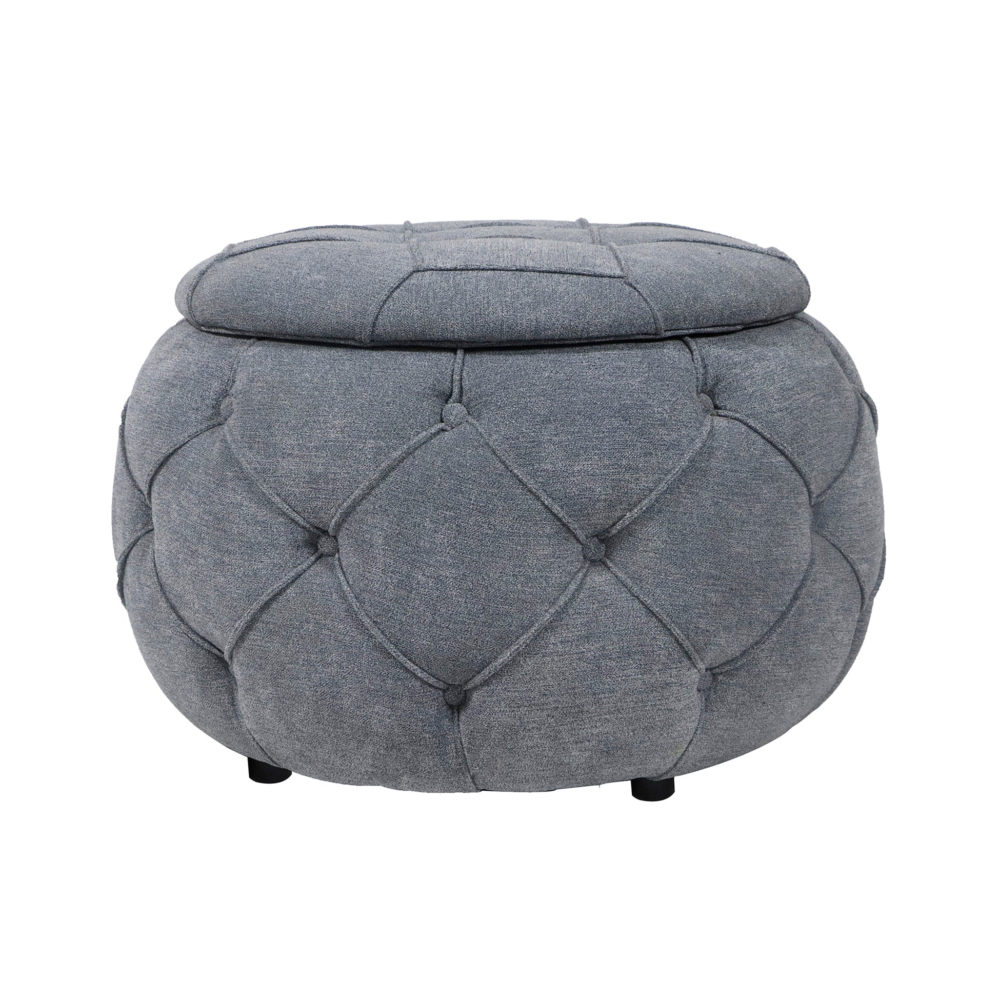 Large Button Tufted Woven Round Storage Ottoman For Living Room & Bedroom,17.7"H Burlap Grey Grey Burlap