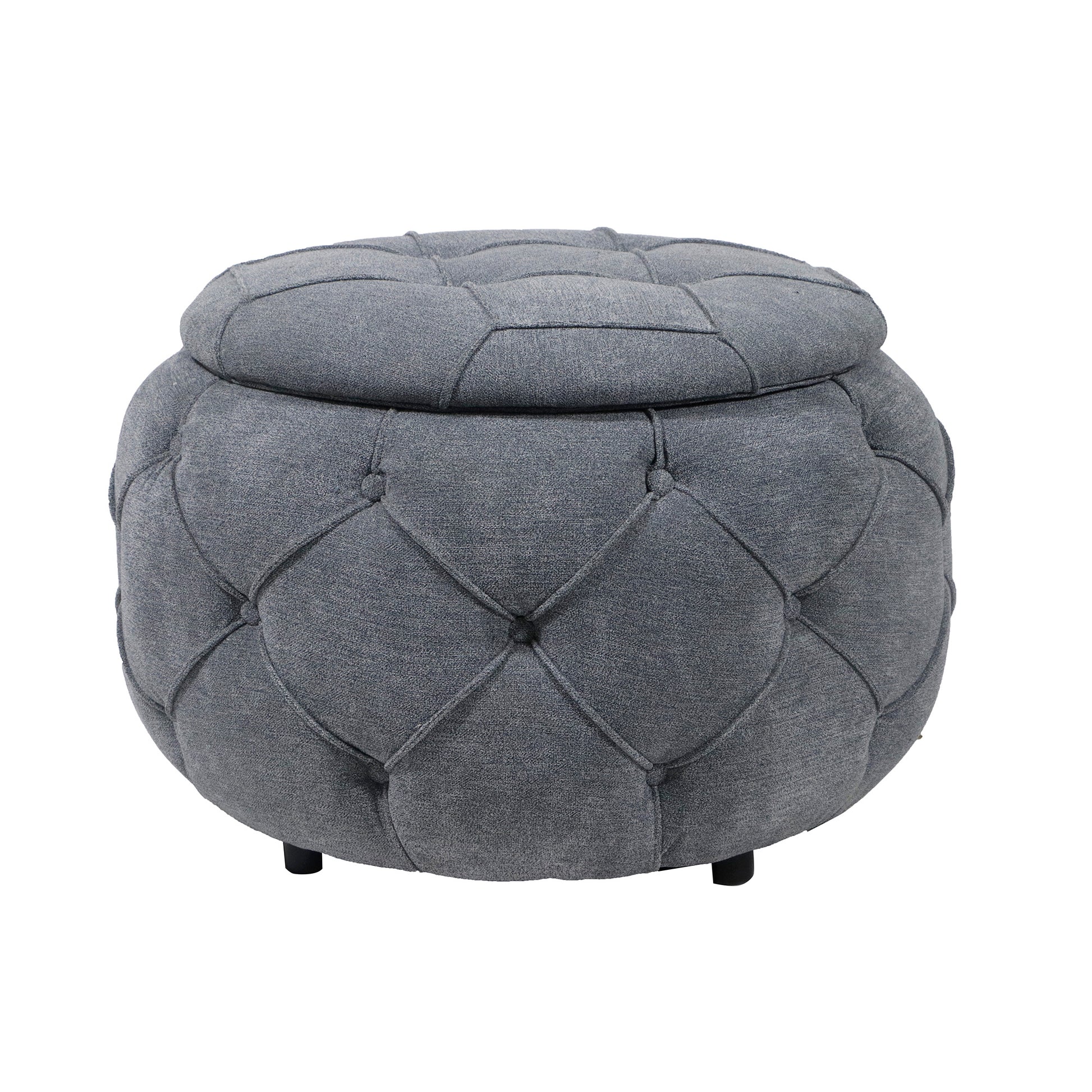 Large Button Tufted Woven Round Storage Ottoman For Living Room & Bedroom,17.7"H Burlap Grey Grey Burlap