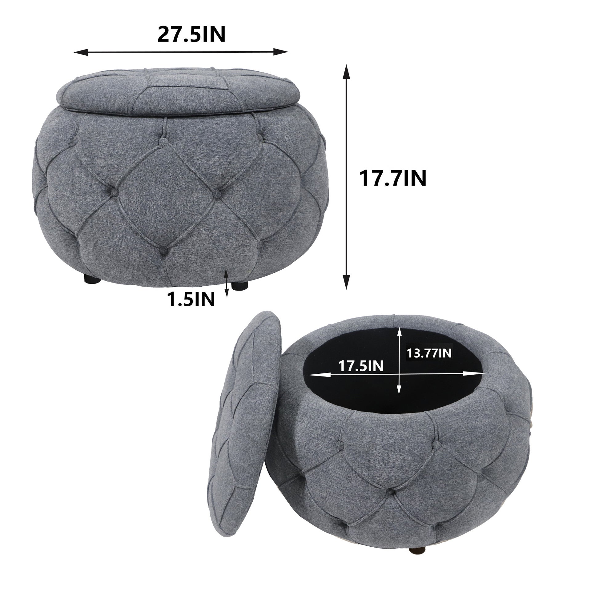 Large Button Tufted Woven Round Storage Ottoman For Living Room & Bedroom,17.7"H Burlap Grey Grey Burlap