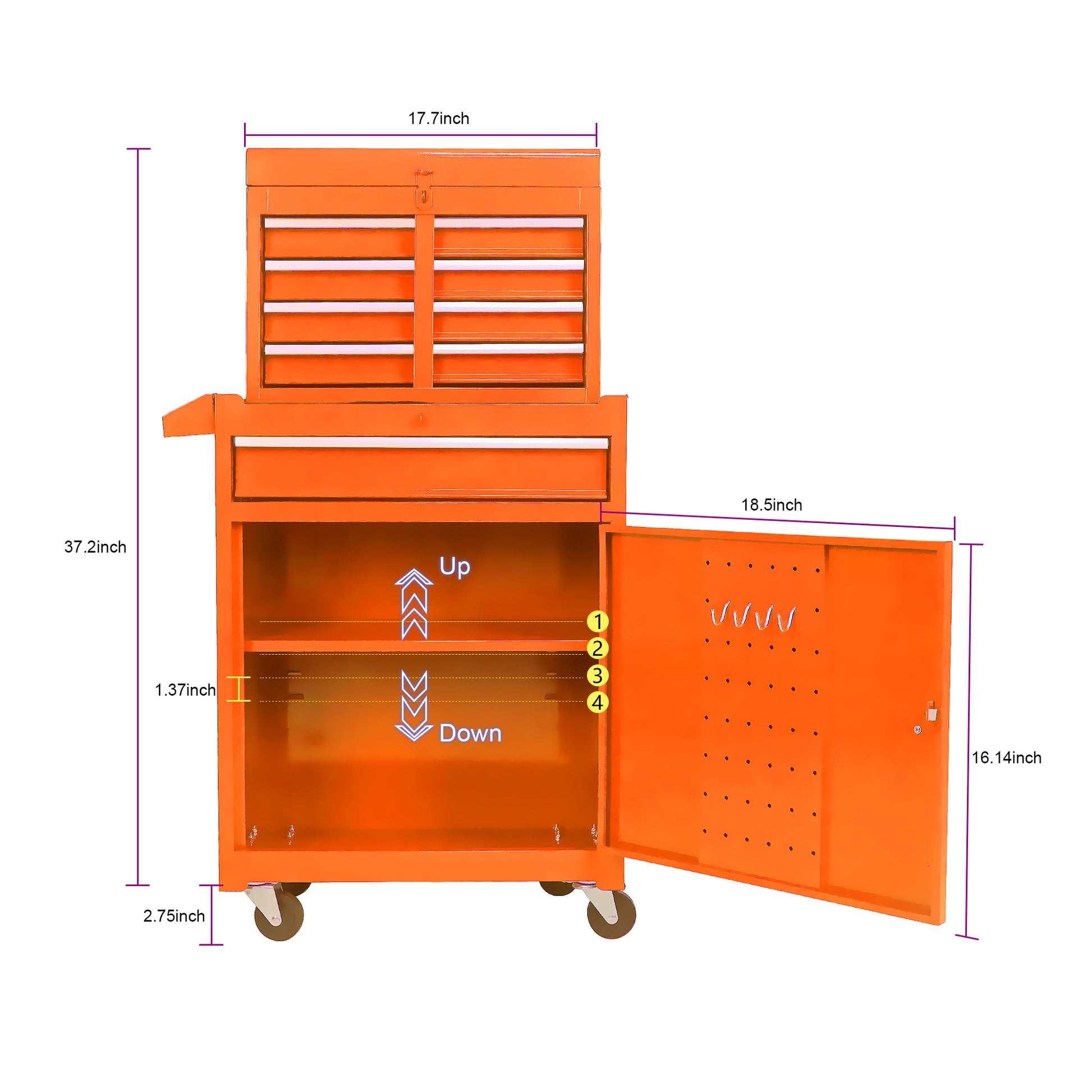 Detachable 5 Drawer Tool Chest With Bottom Cabinet And One Adjustable Shelf Orange Orange Metal
