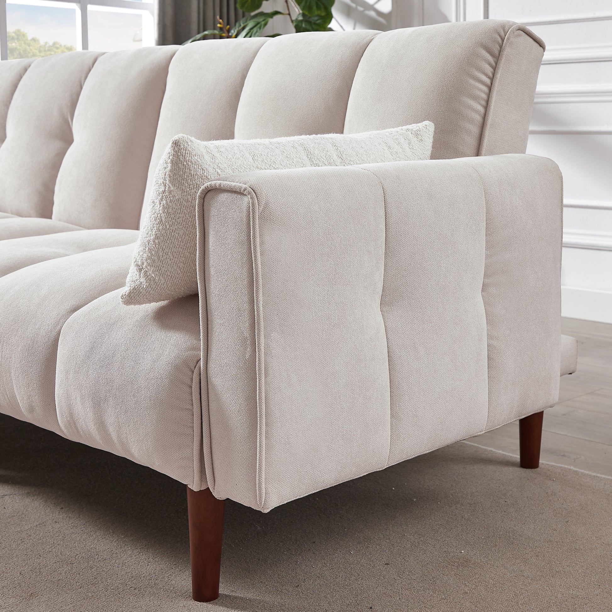 Convertible Futon Sofa Bed, Adjustable Couch Sleeper, Modern Fabric Linen Upholstered Futon Sofa Bed With Wooden Legs & 2 Pillows For Apartment, Living Room, Studio. Ivory Ivory Foam Fabric