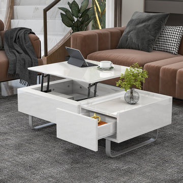 Multi Functional Coffee Table With Lifted Tabletop, Contemporary Cocktail Table With Metal Frame Legs, High Gloss Surface Dining Table For Living Room, White White Soft Close Drawers Primary Living Space Contemporary Manual Freestanding Rectangular Hutch