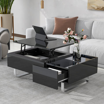 Multi Functional Coffee Table With Lifted Tabletop, Contemporary Cocktail Table With Metal Frame Legs, High Gloss Surface Dining Table For Living Room, Black Black Soft Close Drawers Primary Living Space Contemporary Manual Freestanding Rectangular Hutch